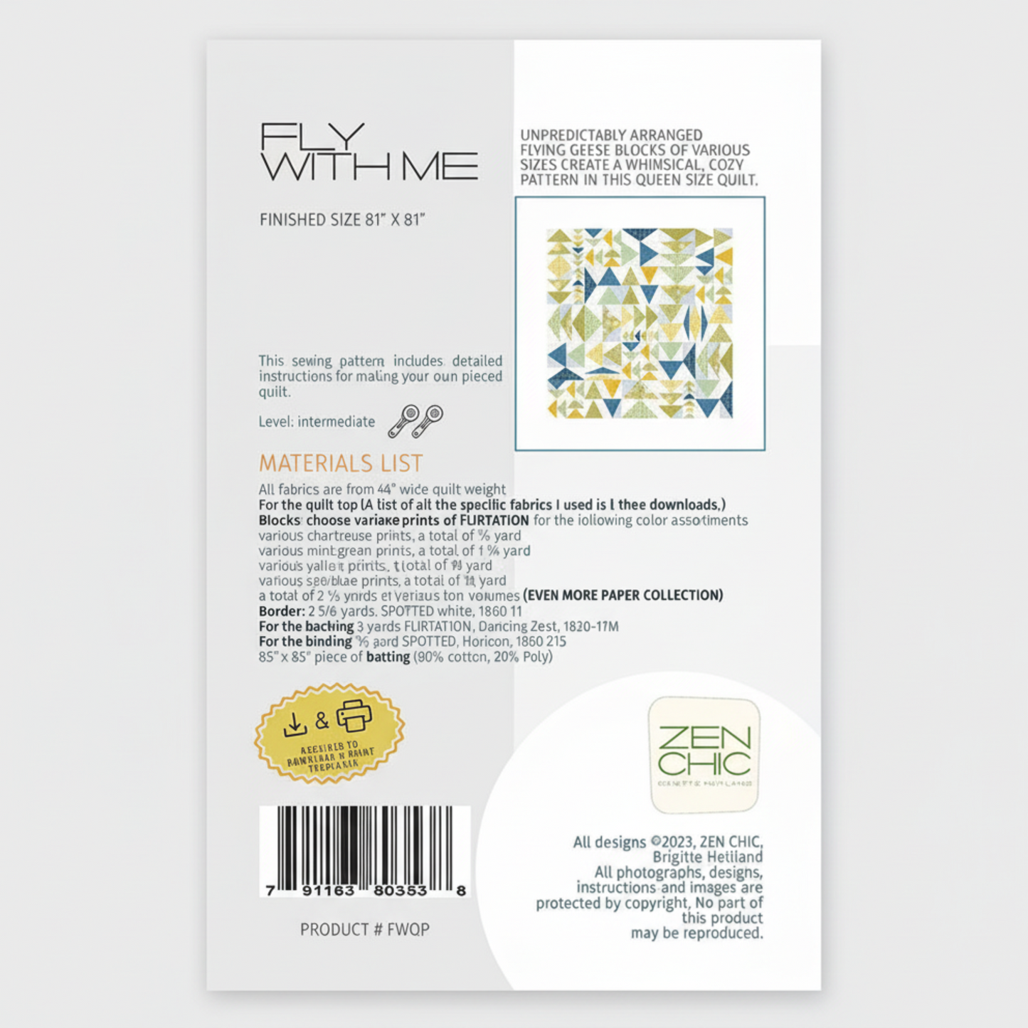 Quilt pattern packaging with text and fabric swatch