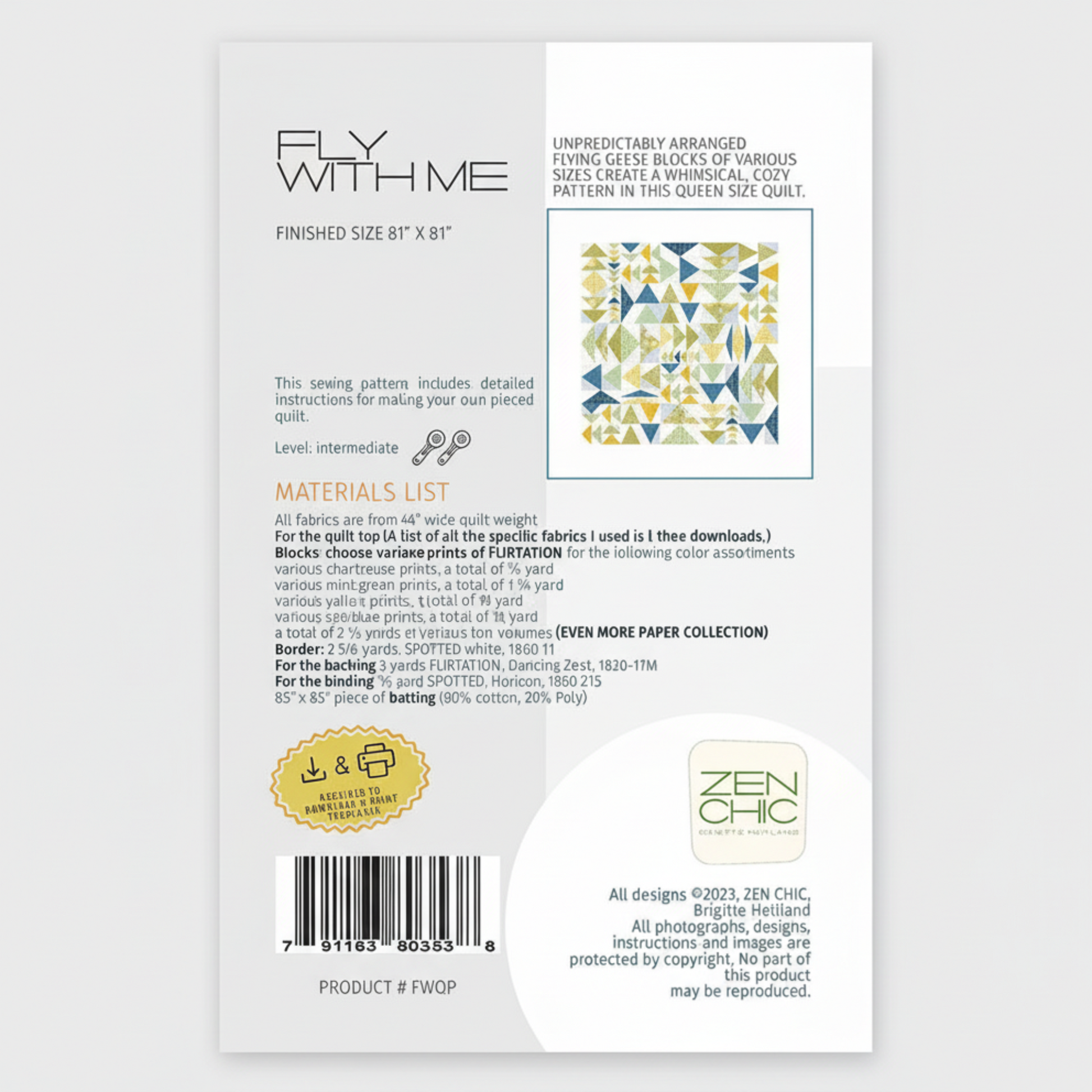 Quilt pattern packaging with text and fabric swatch