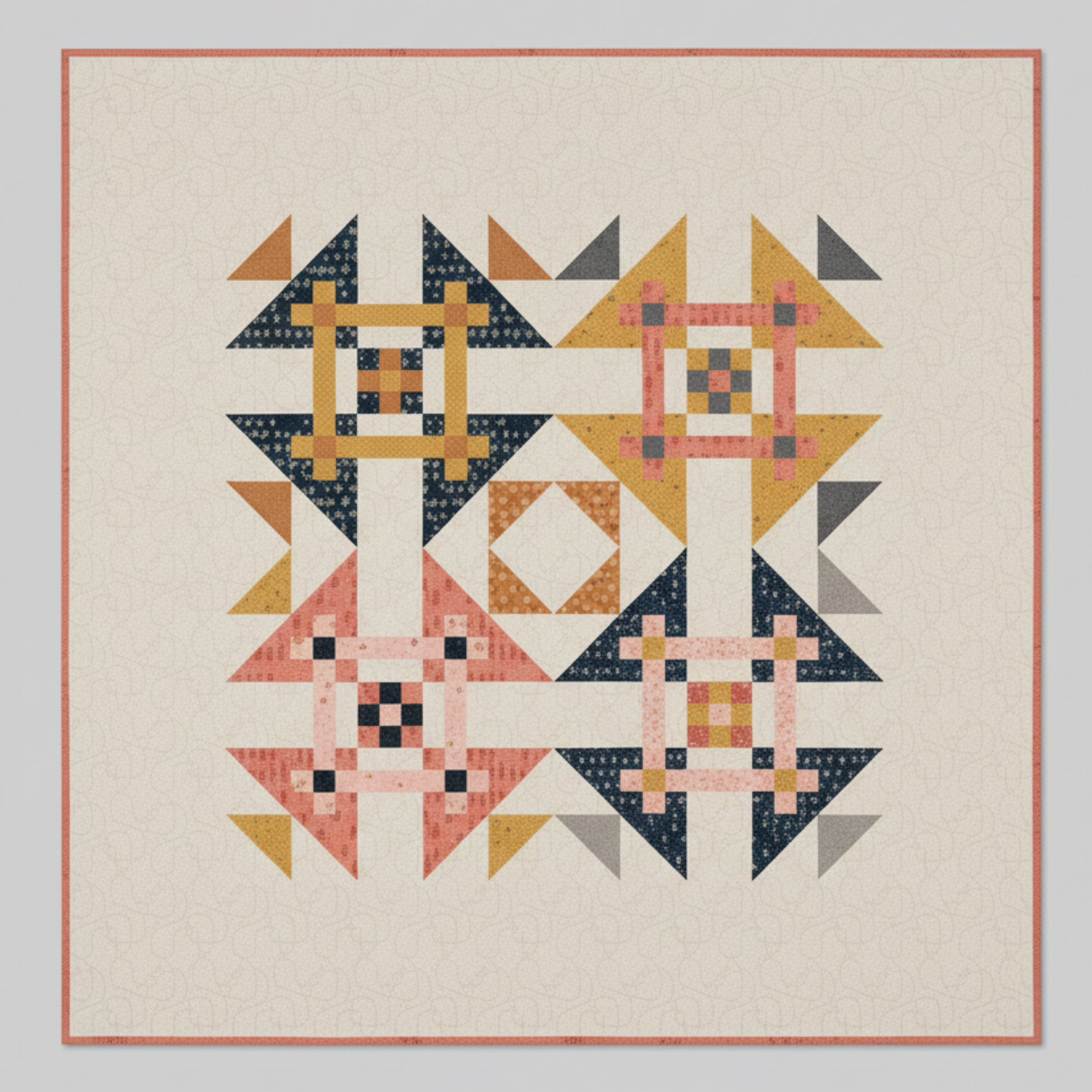 Quilt with geometric pattern on a plain background