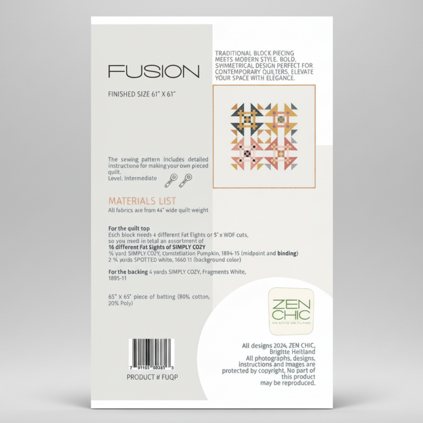 Quilt pattern packaging with text and design illustration on a white background