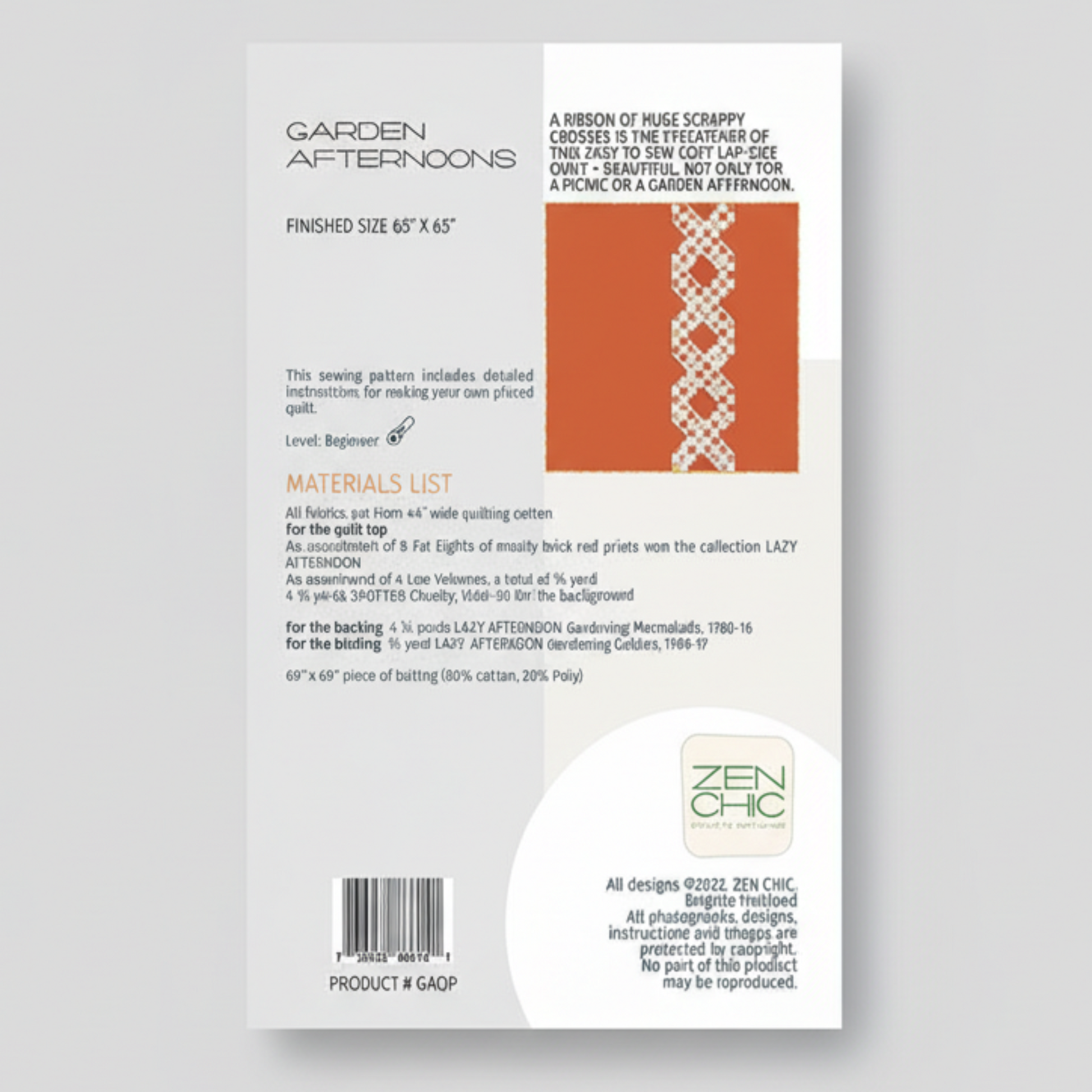 Garden Afternoons quilt pattern packaging with text and design details.