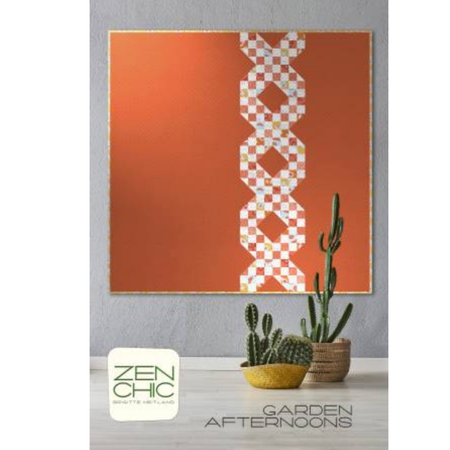 Poster with geometric design on an orange background, featuring the brand 'Zen Chic'.