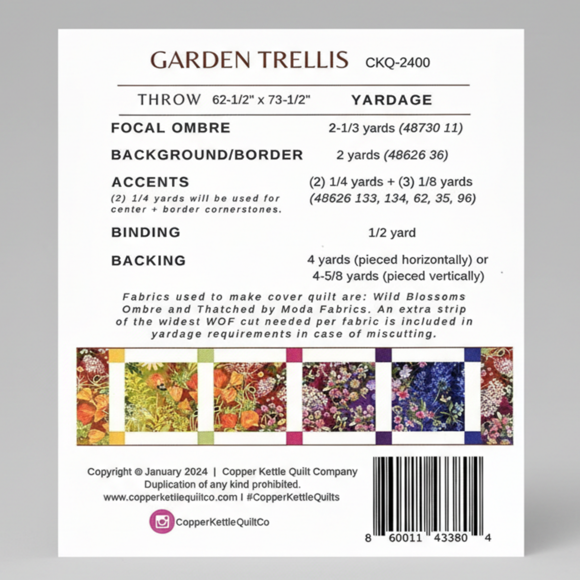 Quilt pattern description sheet for 'Garden Trellis' with fabric swatches and yardage details.