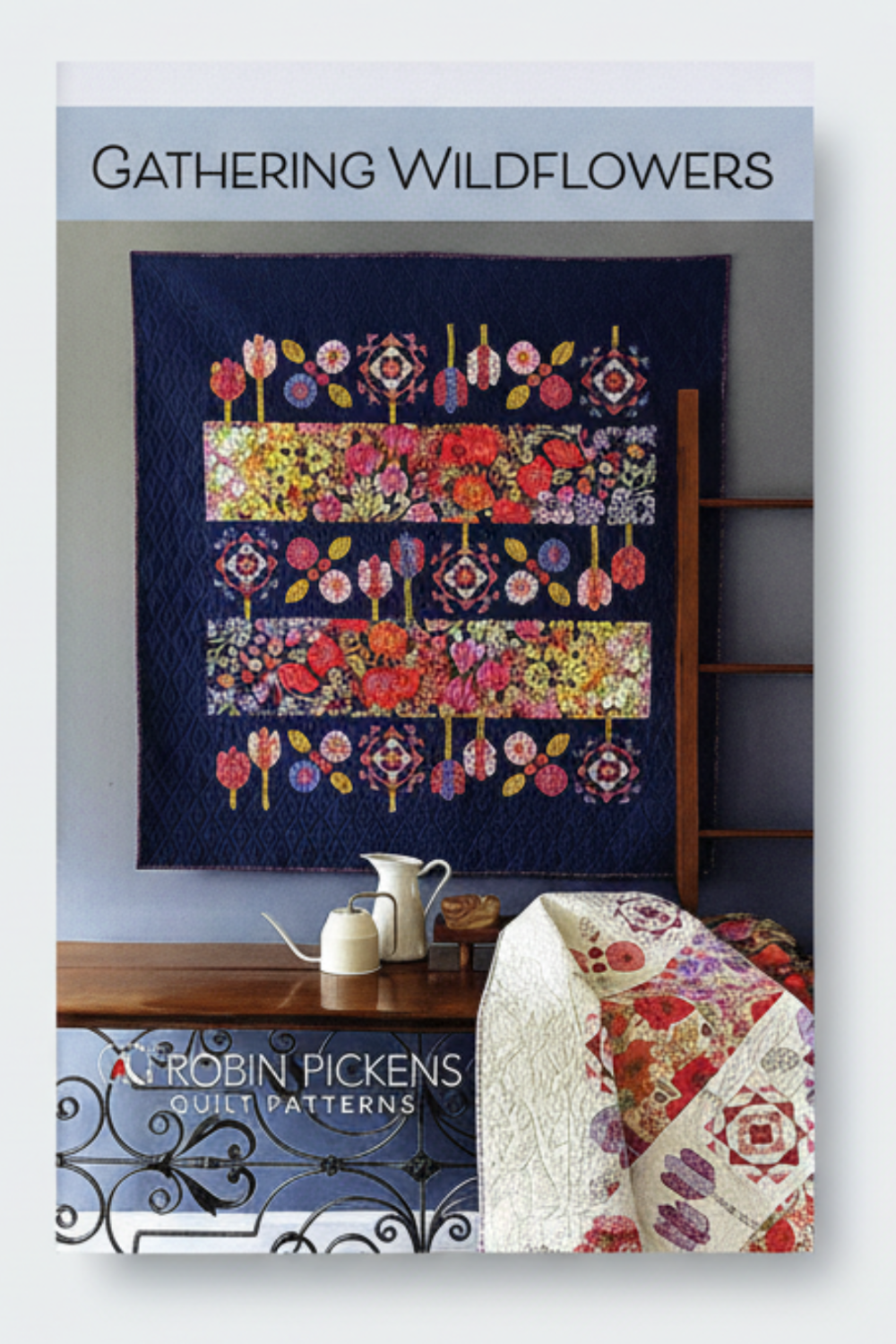 Quilt pattern cover titled 'Gathering Wildflowers' by Robin Pickens with a colorful quilt displayed.