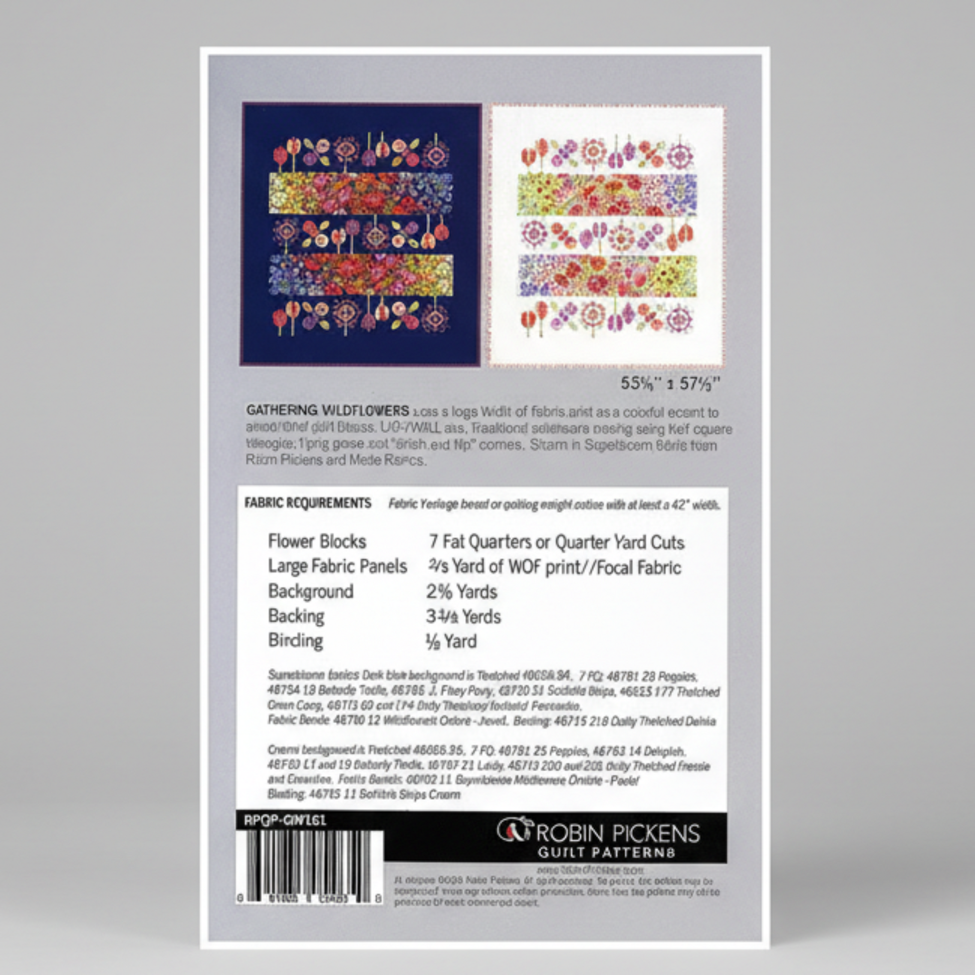 Robin Pickens quilt pattern packaging with fabric requirements and design illustrations on a white background