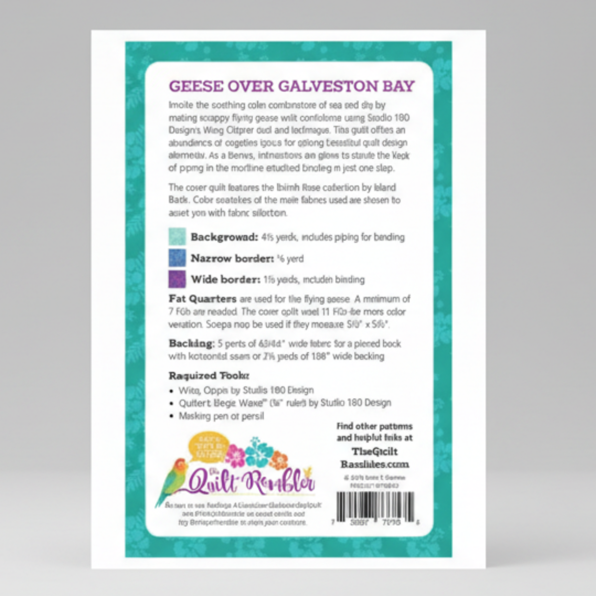 Quilt Rambler pattern book cover with text and branding on a gray background