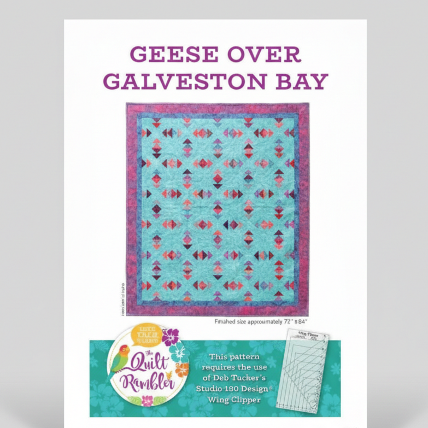 Quilt pattern cover titled 'Geese Over Galveston Bay' with a colorful quilt design on a white background.