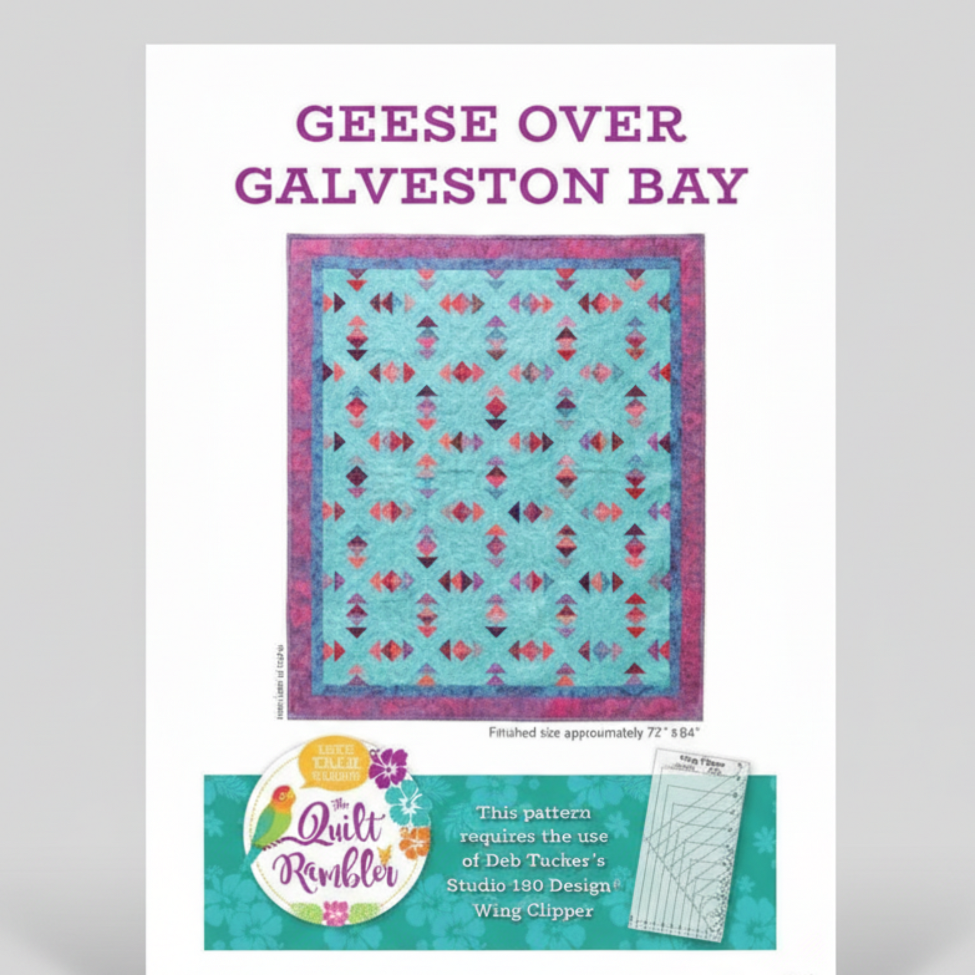 Quilt pattern cover titled 'Geese Over Galveston Bay' with a colorful quilt design on a white background.