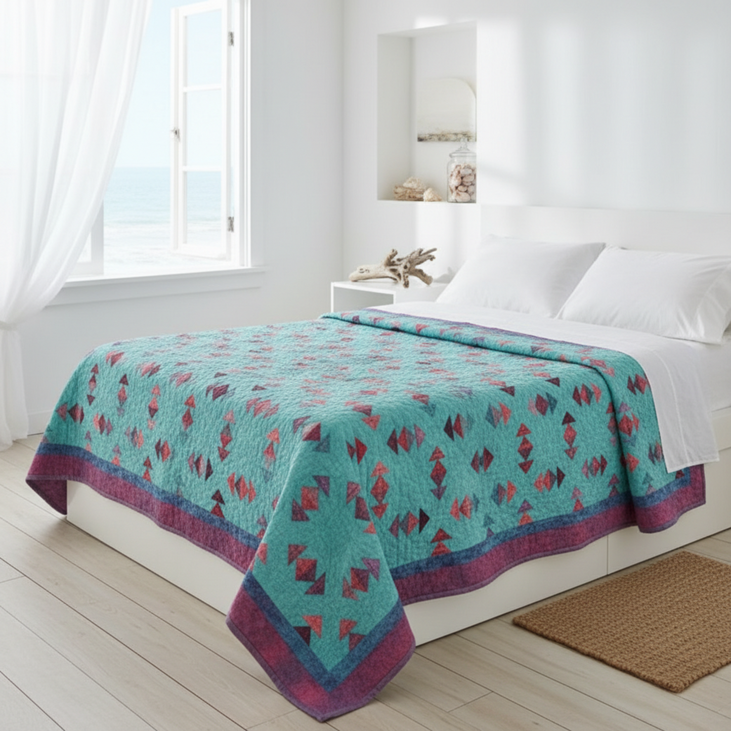 Teal quilt with red and purple patterns on a bed in a bright bedroom.