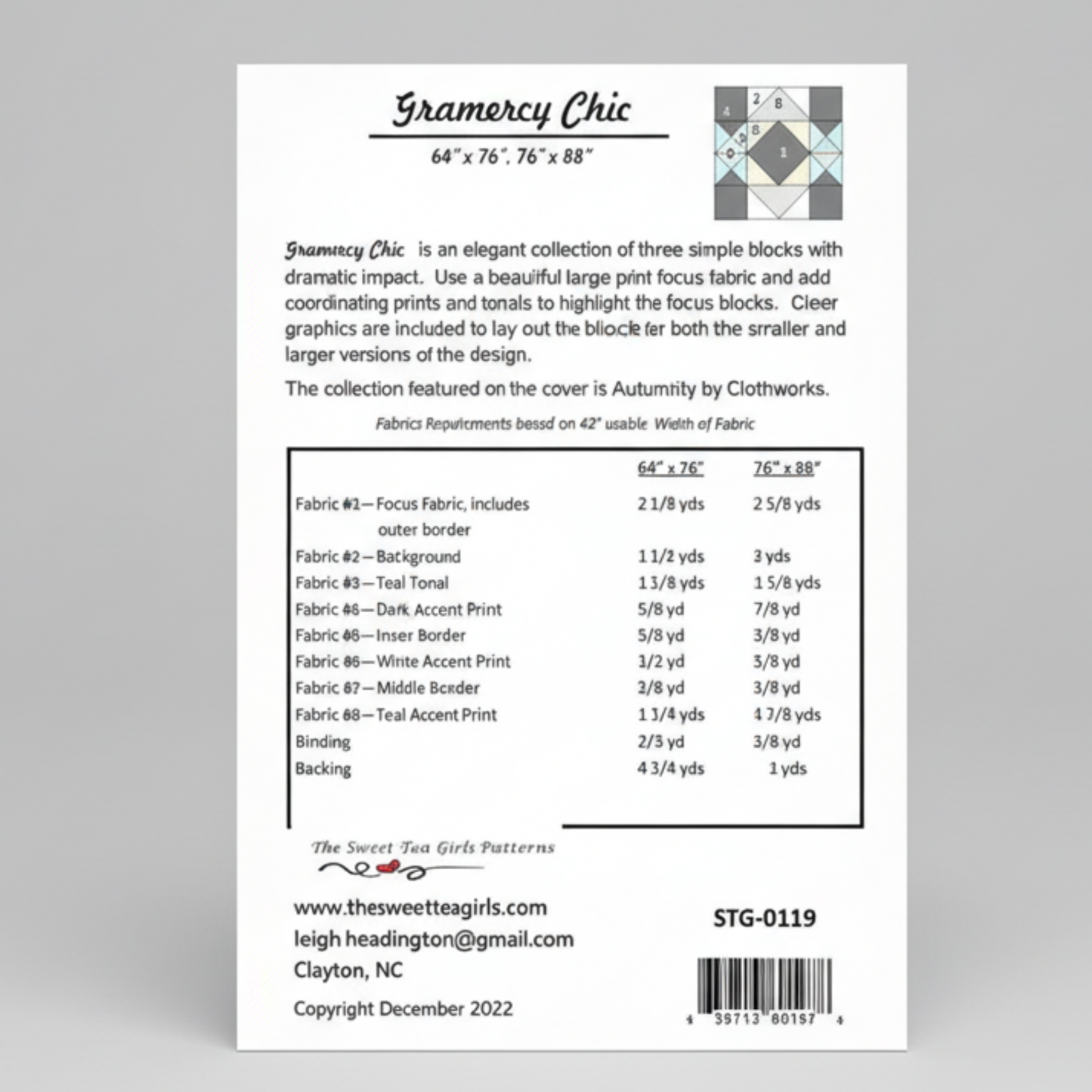 Patterned fabric guide with measurements and fabric requirements on a black background