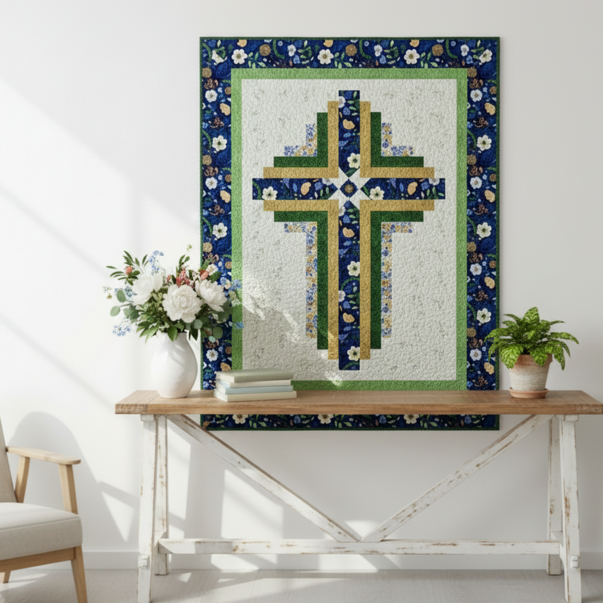 Decorative cross quilt with floral patterns on a table in a room setting