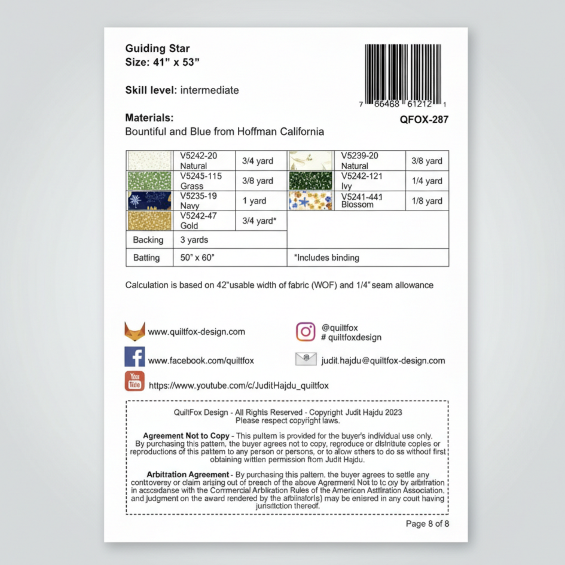 Patterned fabric guide with material list and product details on a white background