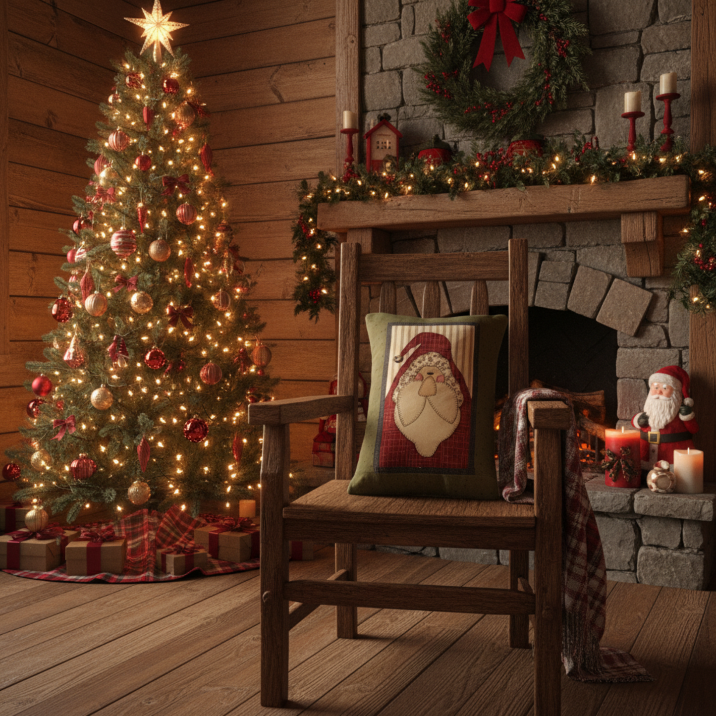 Cozy Christmas living room with decorated tree, fireplace, and festive decor.