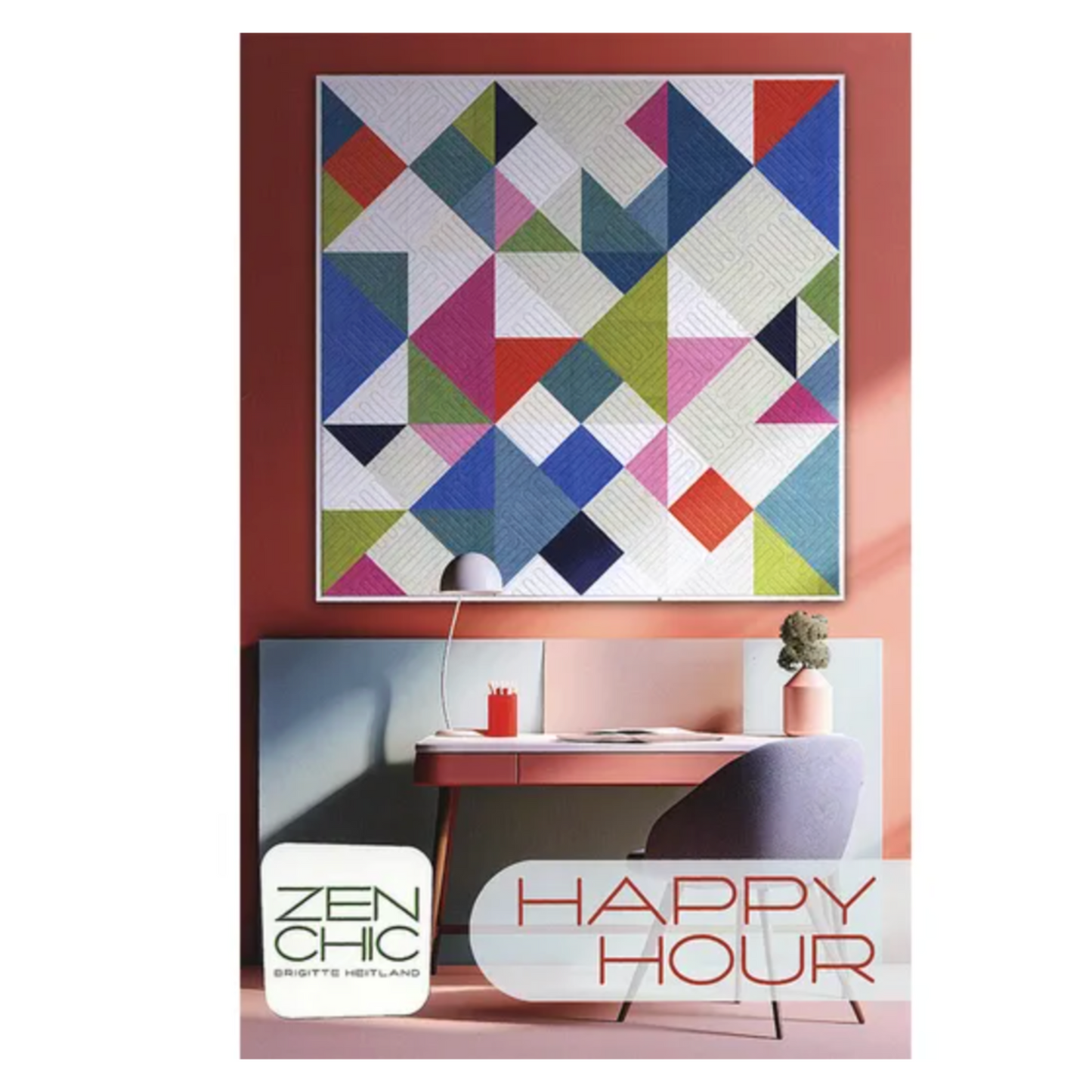Colorful quilt pattern with 'Happy Hour' text and Zen Chic branding on a white background