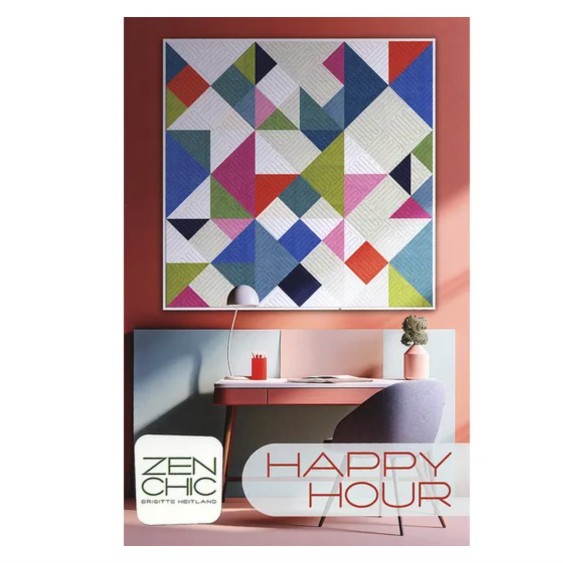 Colorful quilt pattern with 'Happy Hour' text and Zen Chic branding on a white background