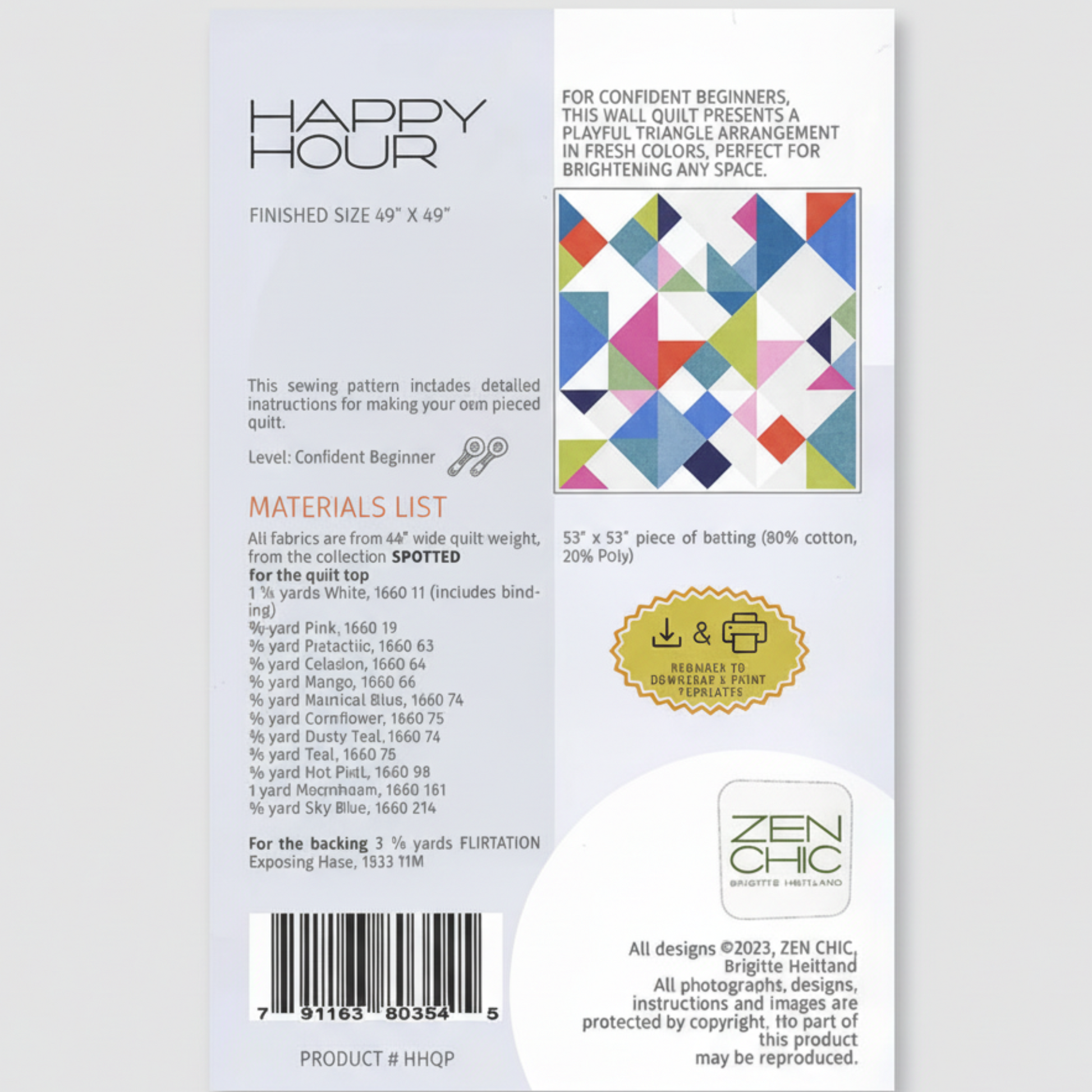Happy Hour quilt pattern packaging with colorful quilt design and text on a white background