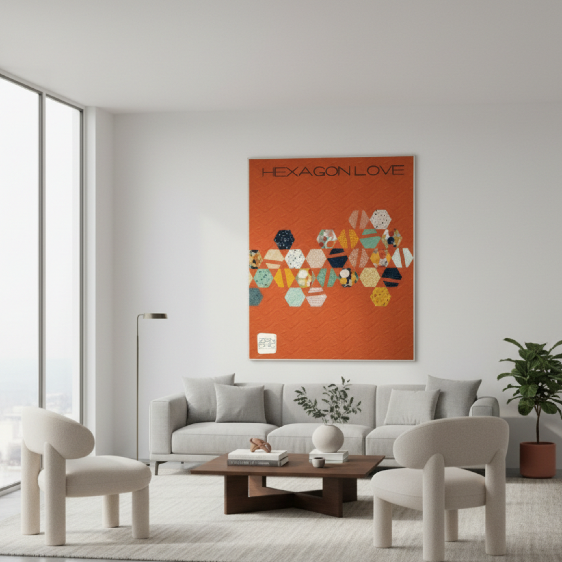 Modern living room with a gray sofa, coffee table, and chairs, featuring an orange abstract art piece on the wall.