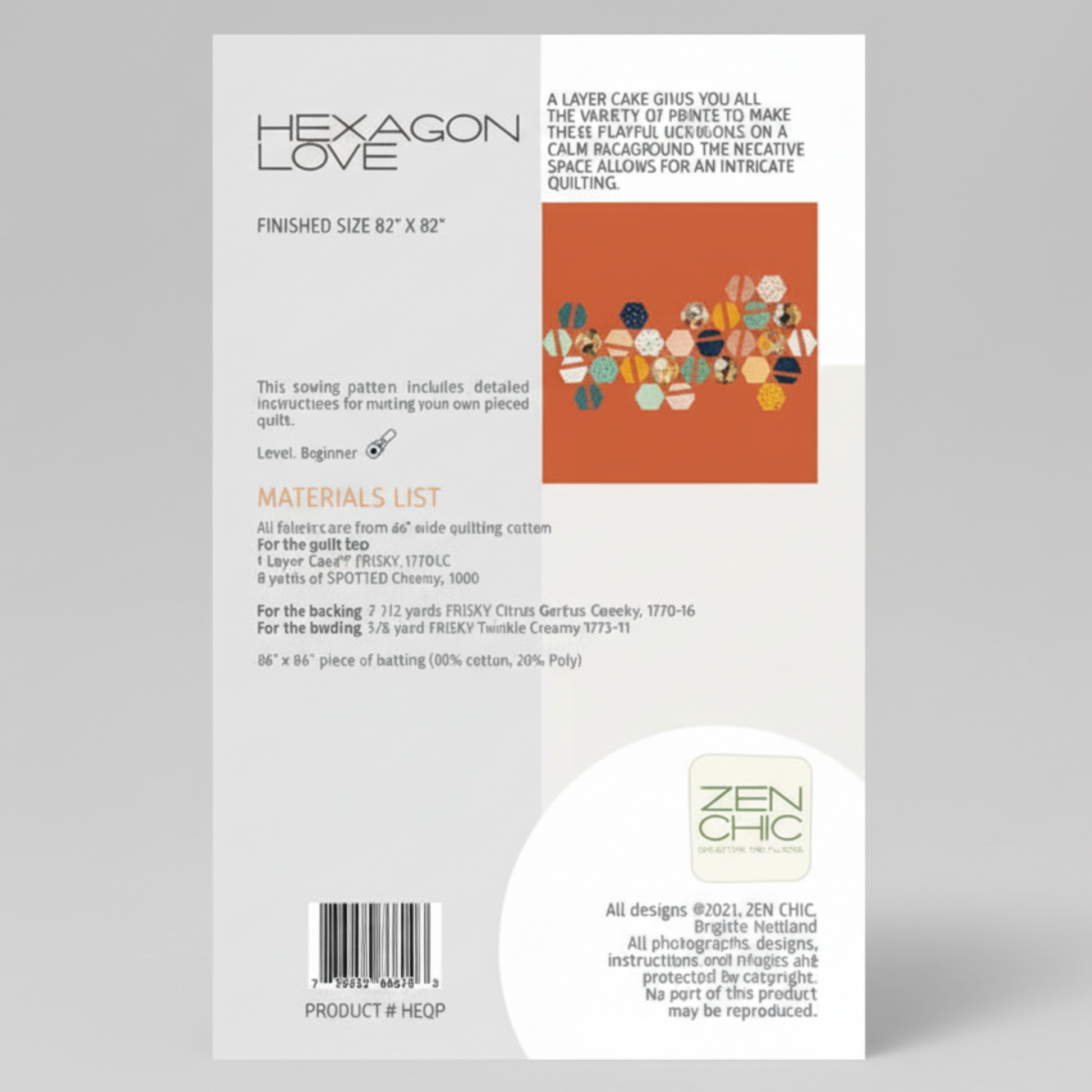 Hexagon Love fabric pattern package with branding and product details.