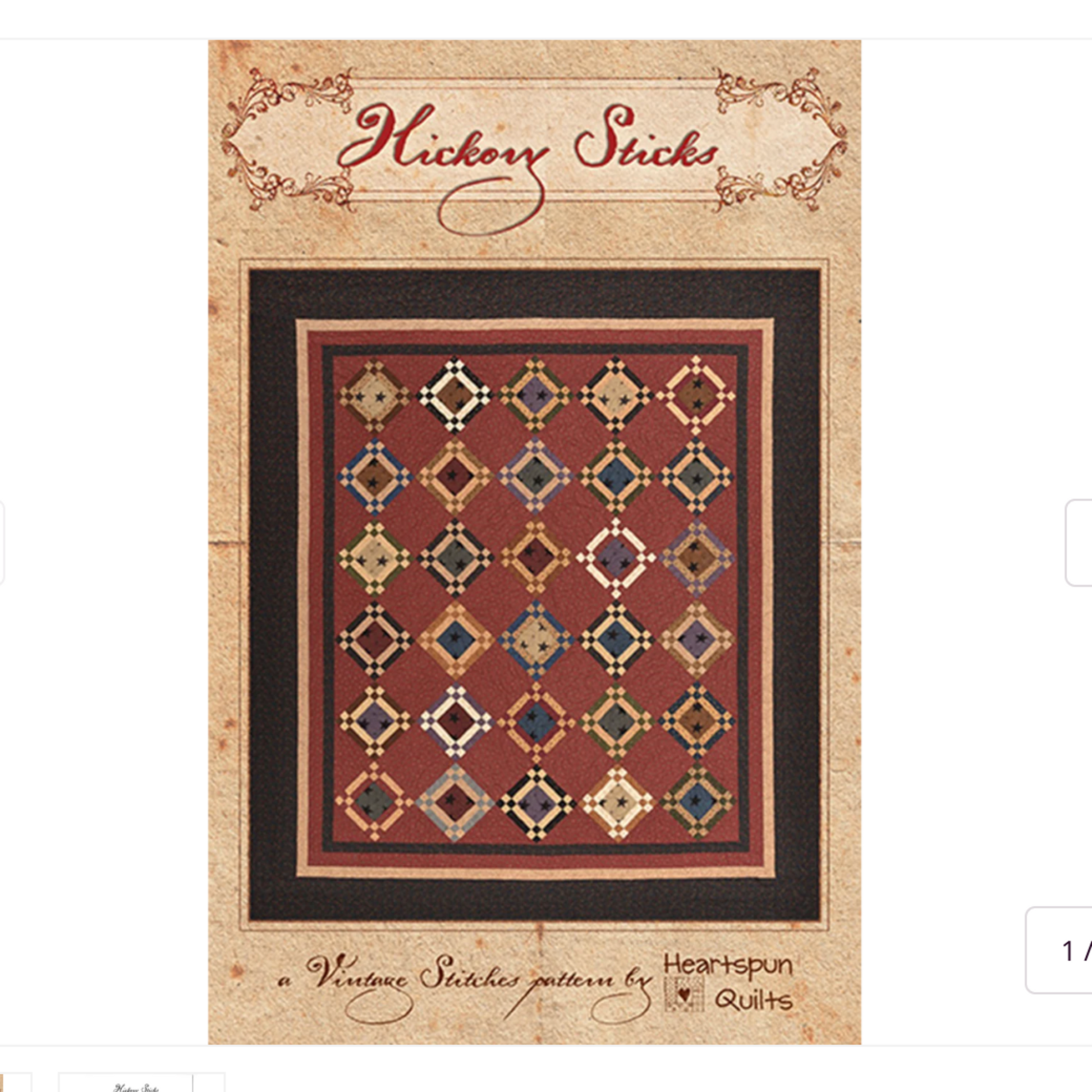 Hickory Sticks quilt pattern packaging with geometric diamond pattern on a red background