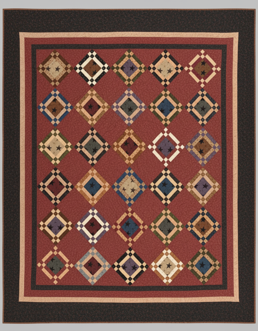 Quilt with geometric diamond pattern on a red background