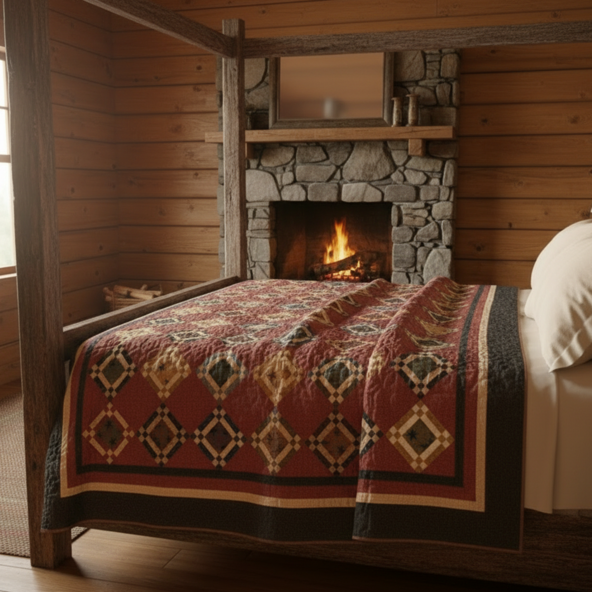 Quilt with geometric diamond pattern on a red background