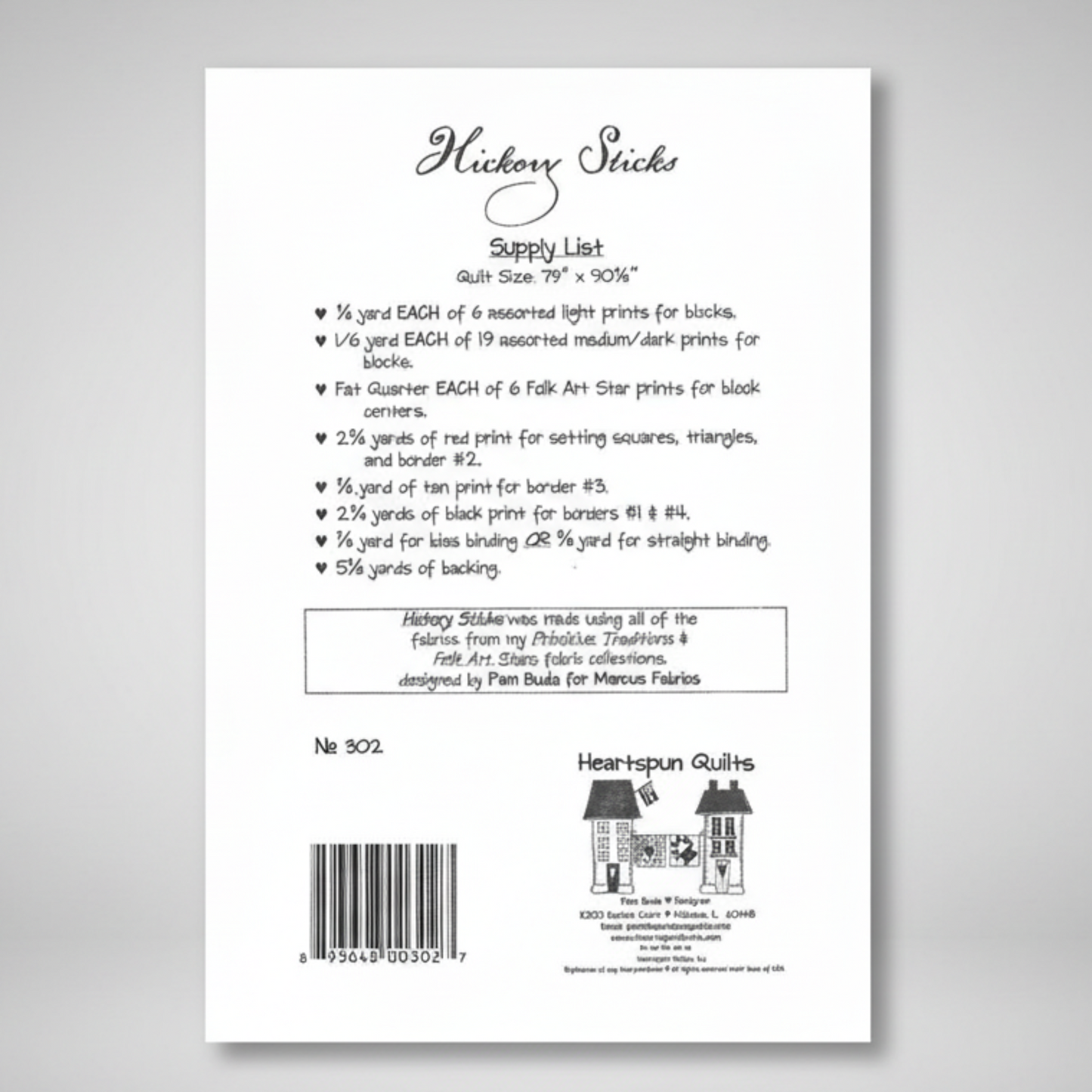 Supply list for a fabric project with 'Hickory Sticks' branding on a white background.