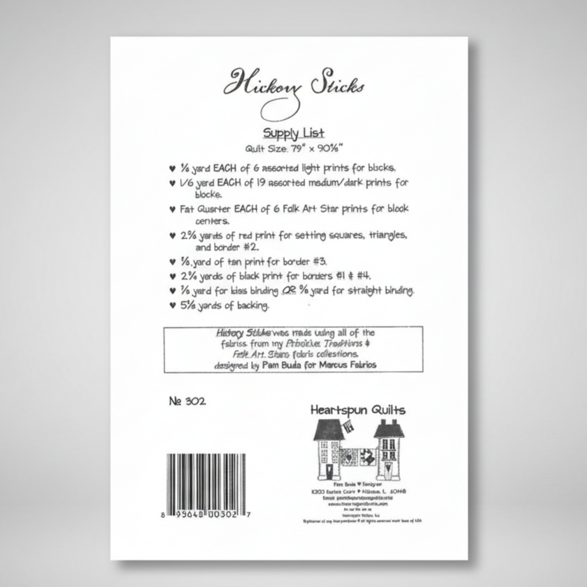 Supply list for a fabric project with 'Hickory Sticks' branding on a white background.