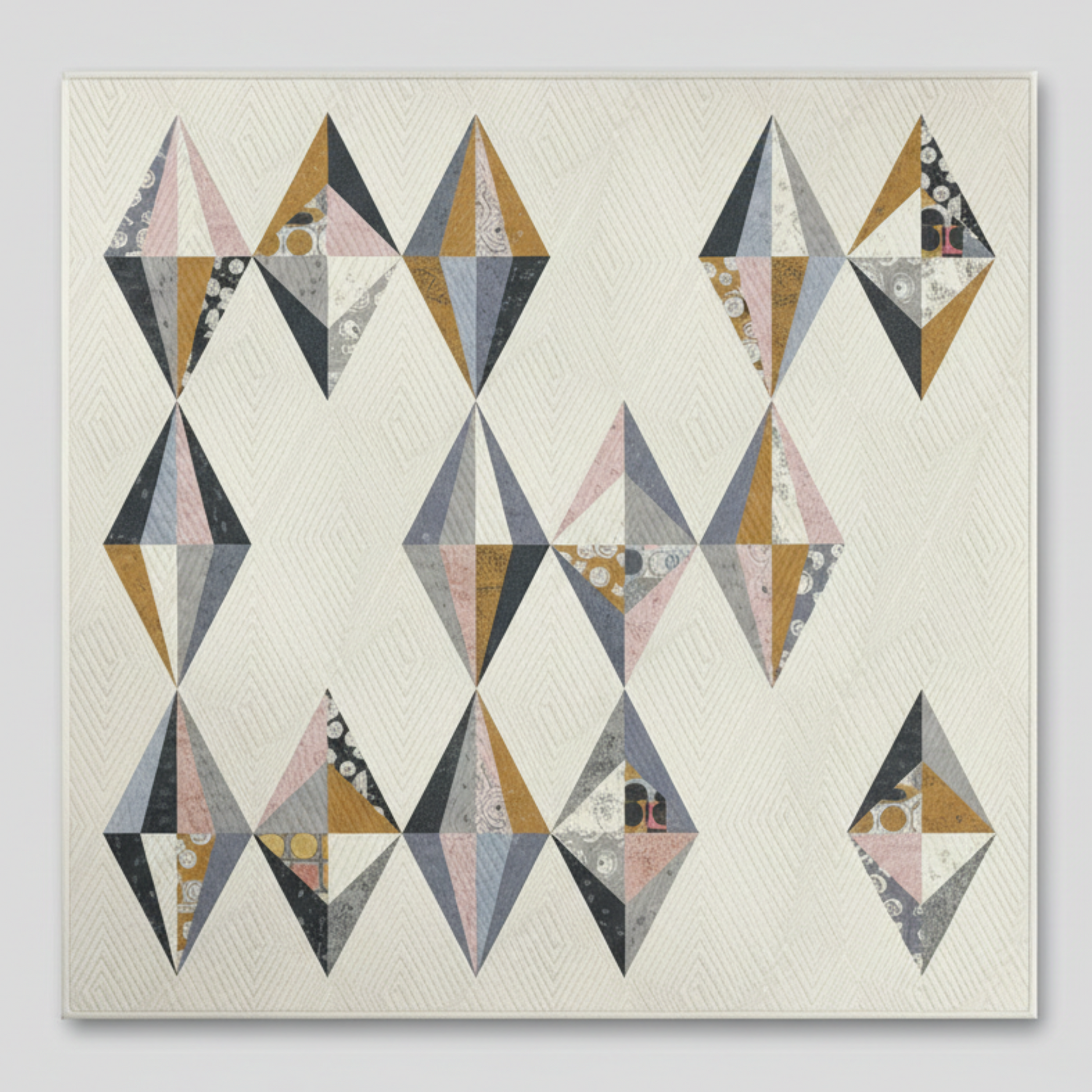 Geometric quilt with diamond shapes on a light background