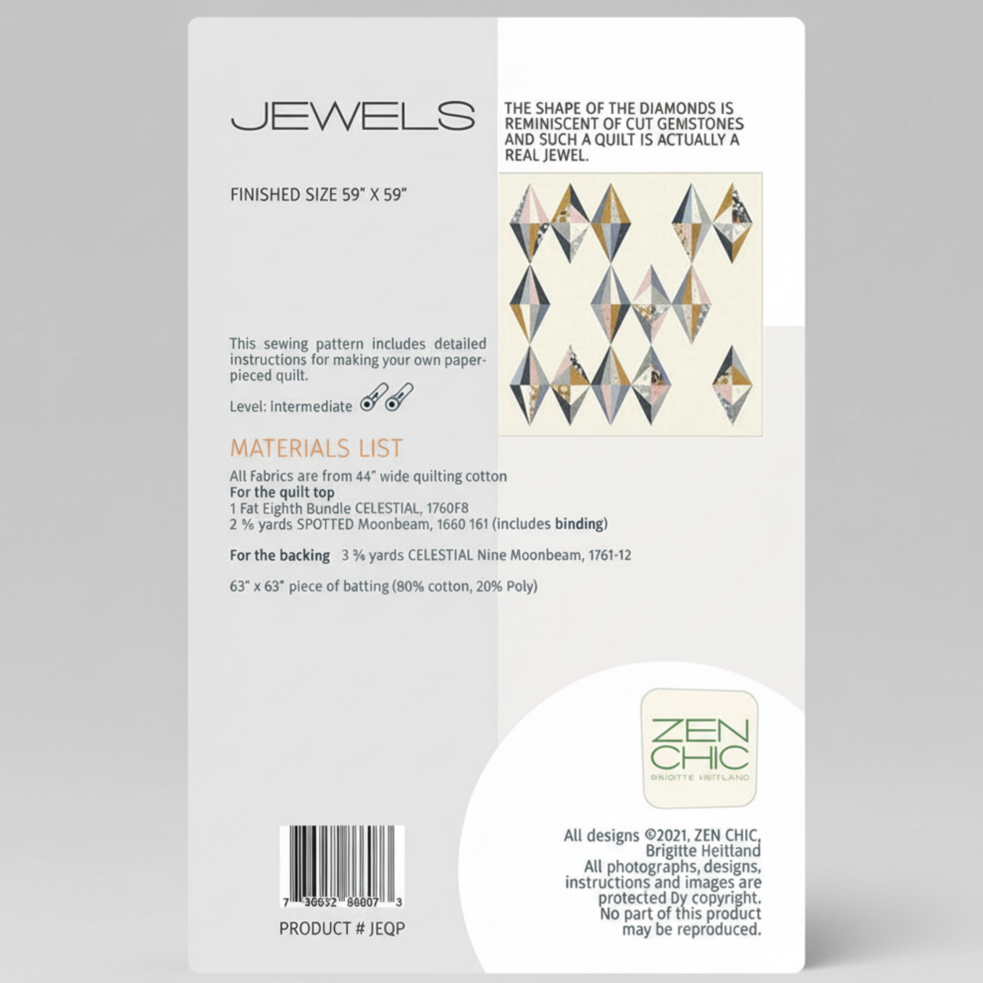 Quilt pattern packaging with diamond design and text on a white background