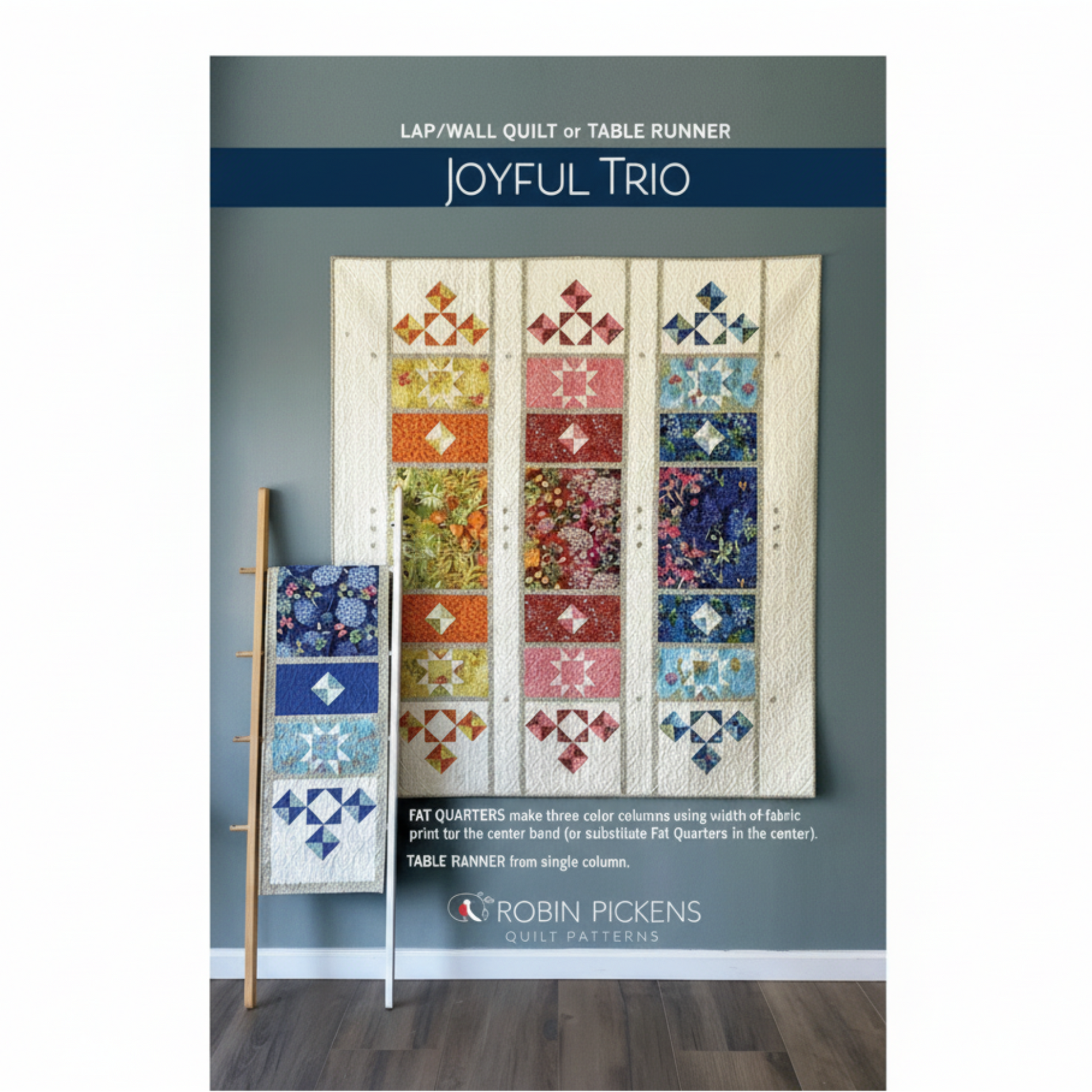 Quilt pattern book titled 'Joyful Trio' by Robin Pickens with colorful quilt design on a gray background.