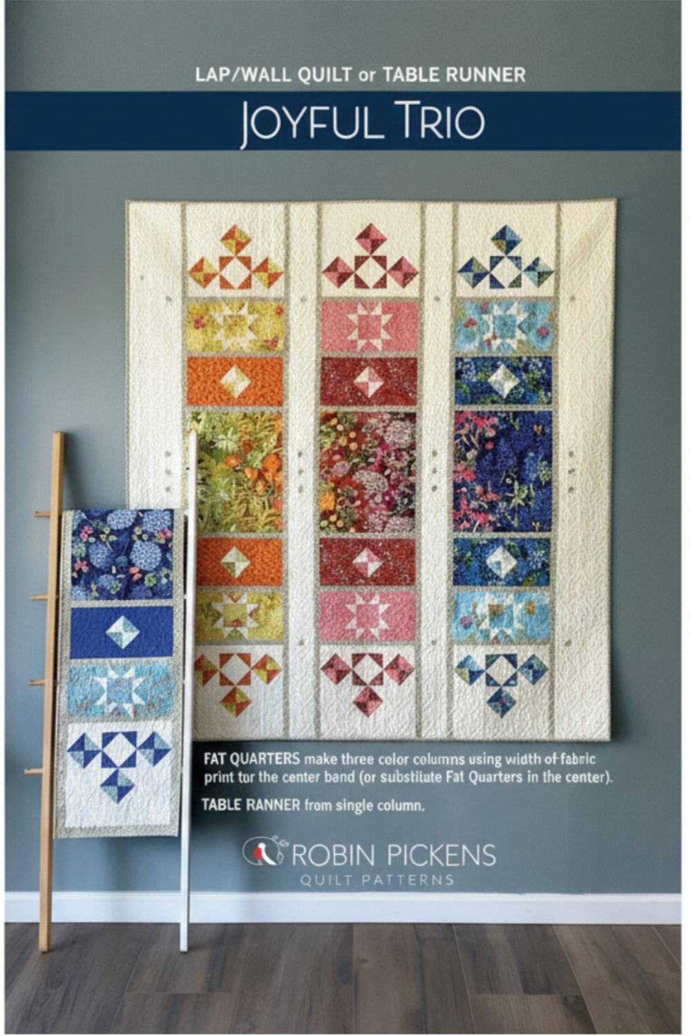 Quilt pattern cover for 'Joyful Trio' by Robin Pickens with colorful quilt design on a gray background.