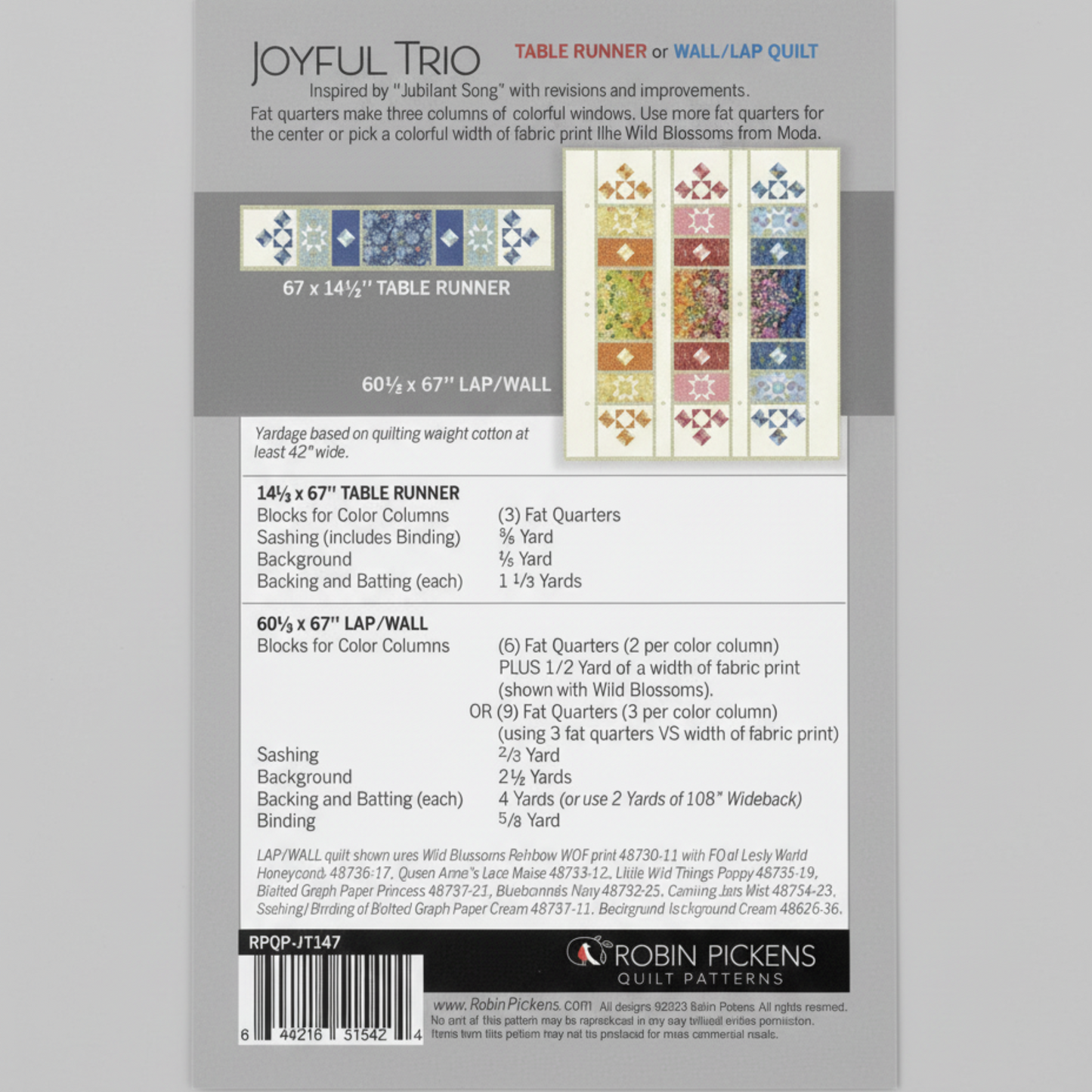 Quilt pattern description sheet for 'Joyful Trio' by Robin Pickens on a gray background