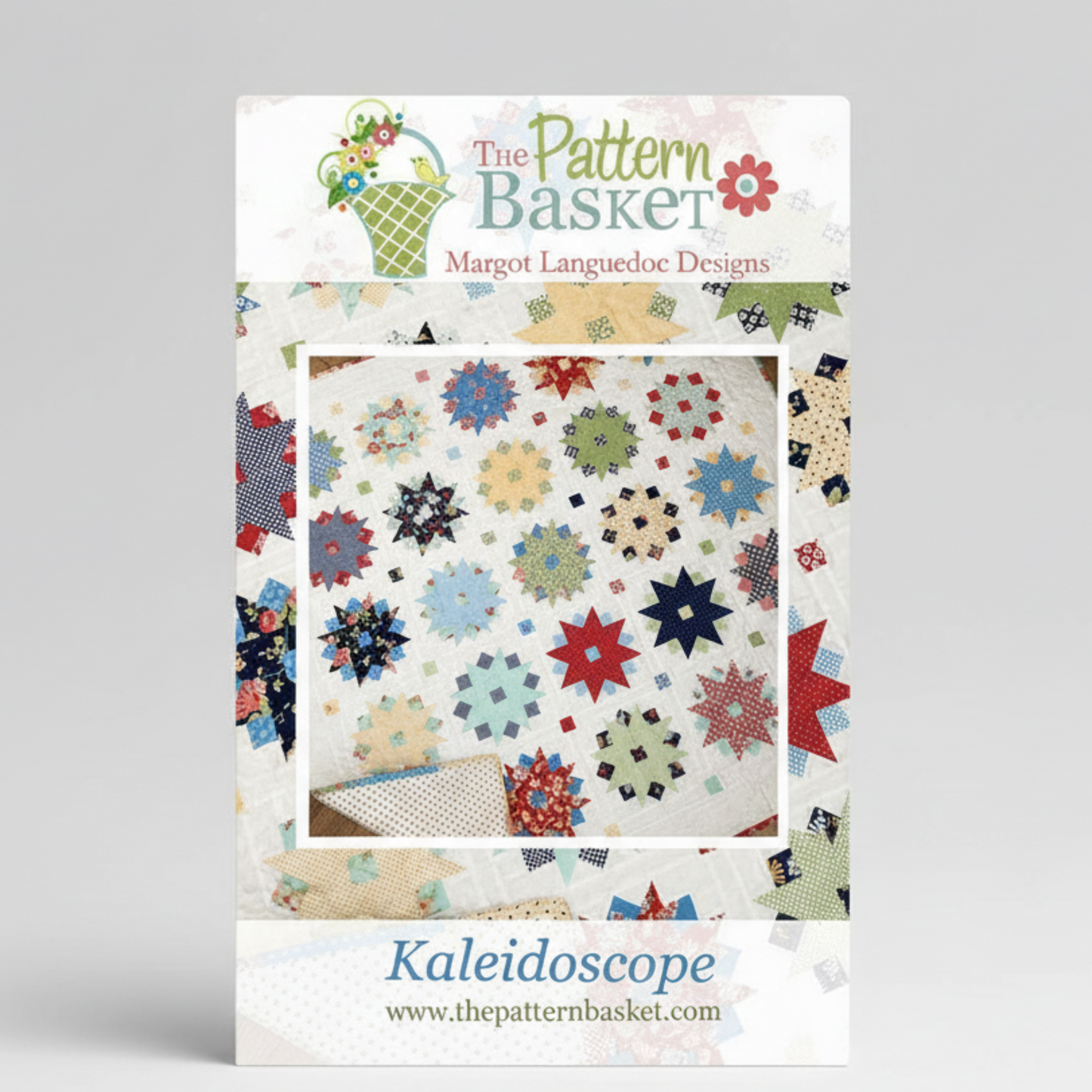 Pattern book cover for 'Kaleidoscope' by The Pattern Basket with colorful star quilt design.