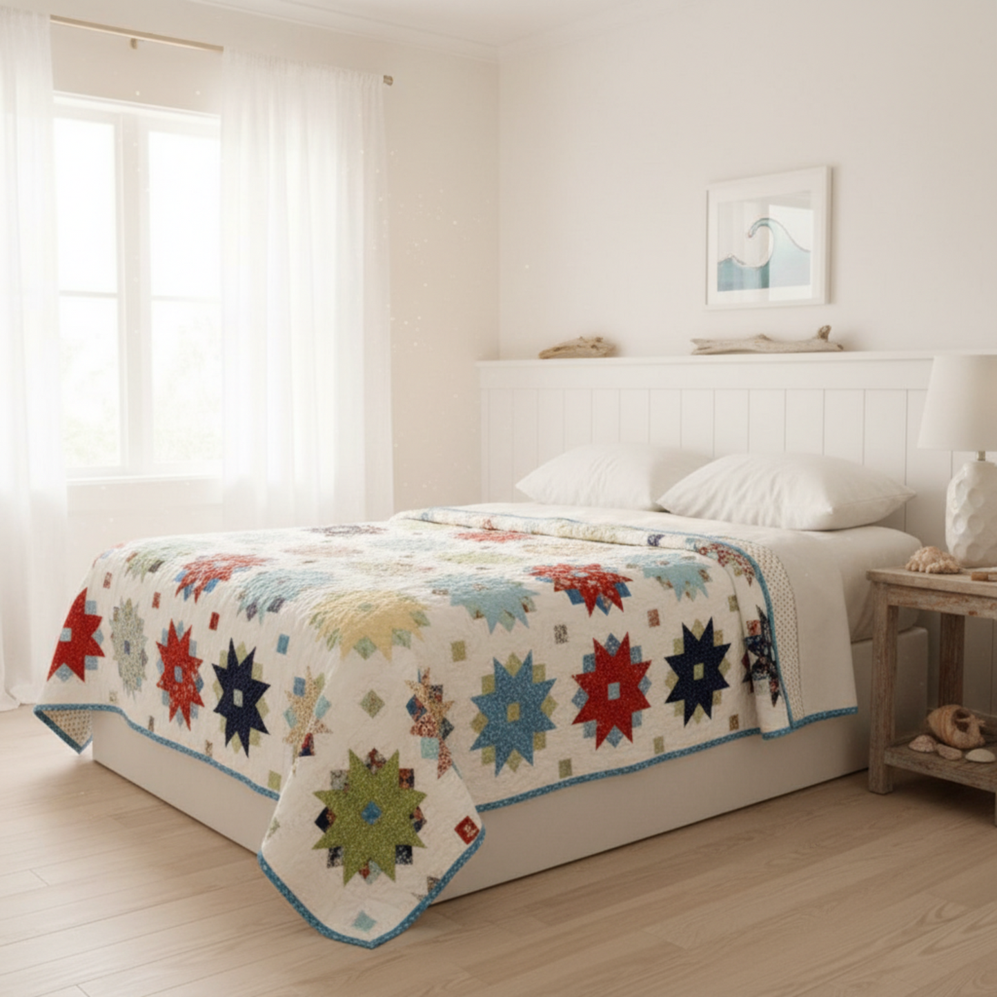 Bedroom with a bed covered by a colorful quilt