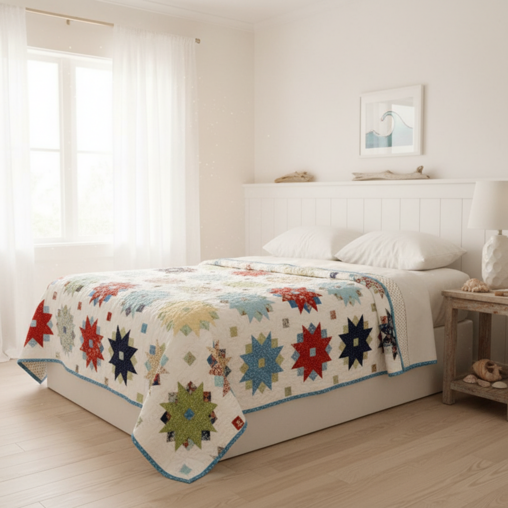 Bedroom with a bed covered by a colorful quilt