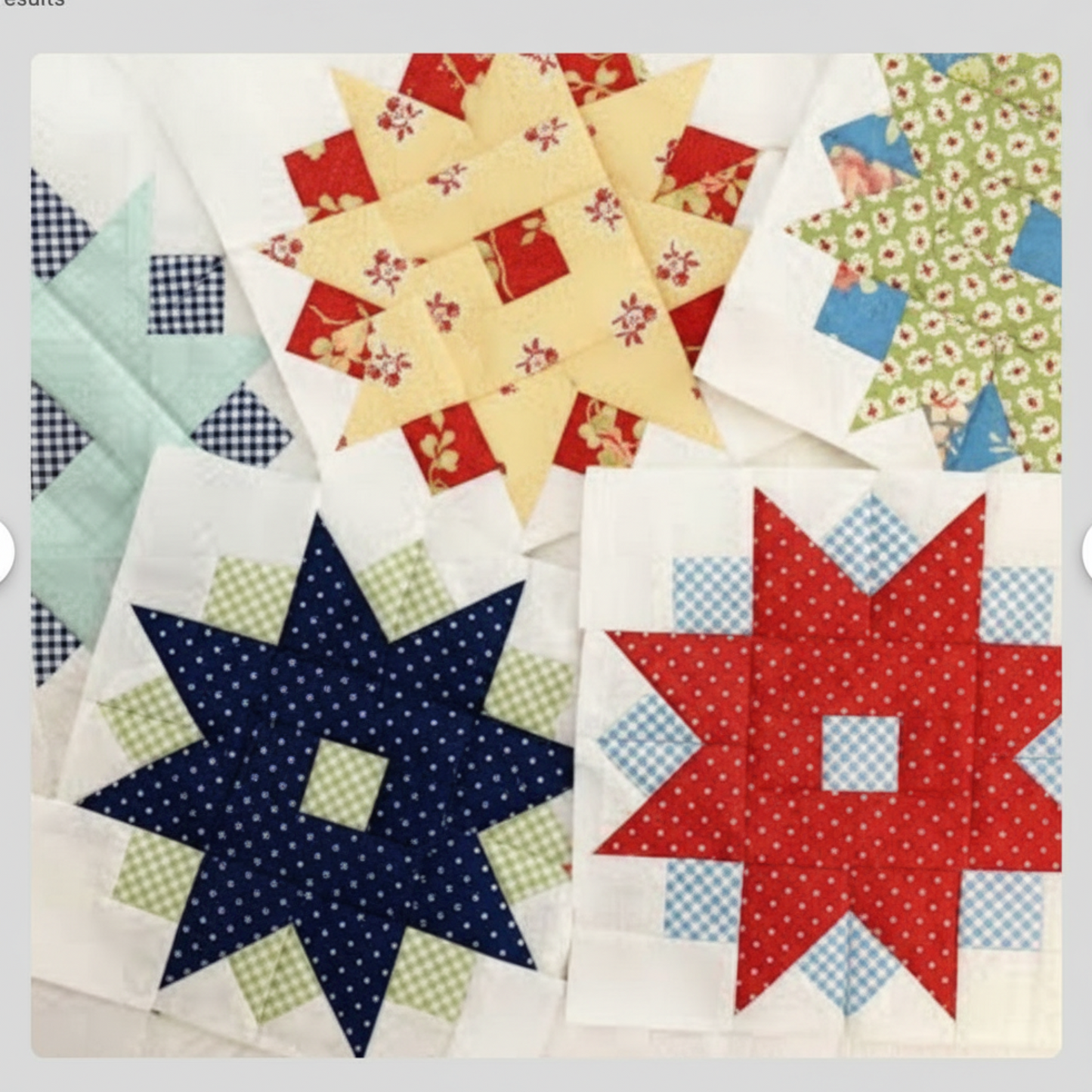 Collection of colorful quilt blocks with star patterns on a white background