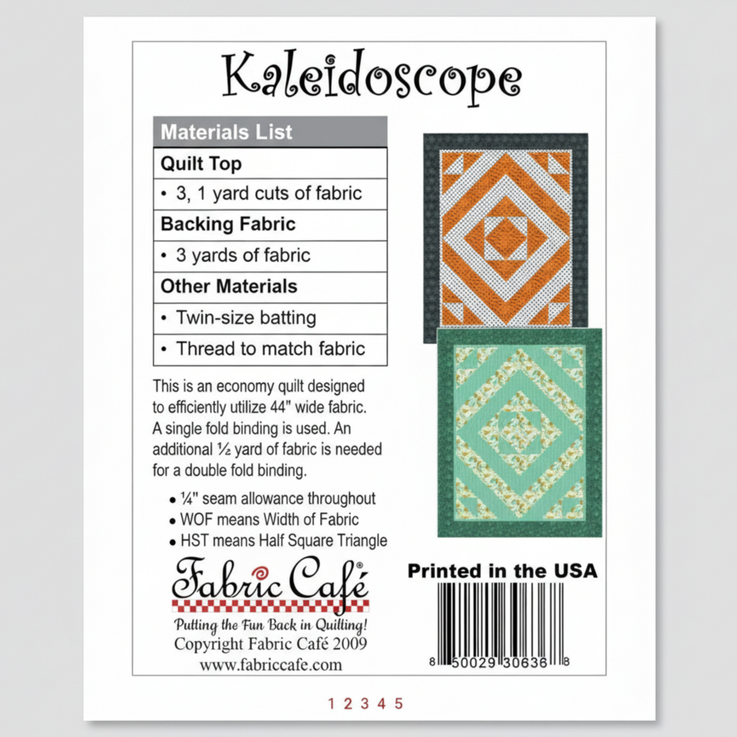 Kaleidoscope quilt pattern with materials list and Fabric Cafe branding