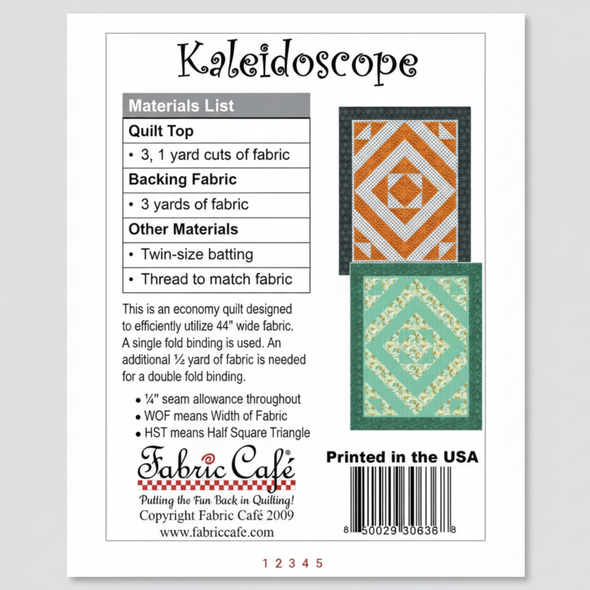 Kaleidoscope quilt pattern with materials list and Fabric Cafe branding