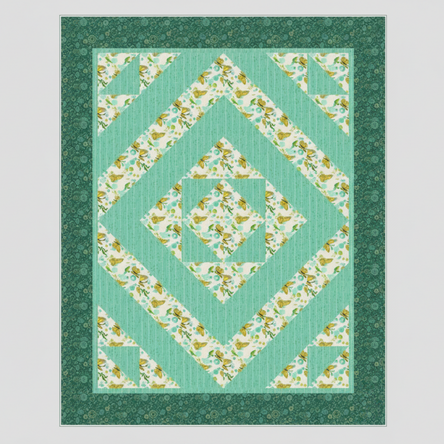 Quilt with geometric pattern on a green background