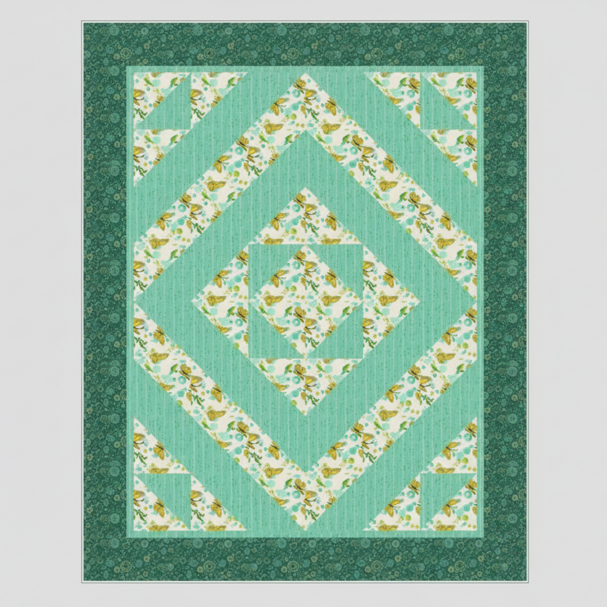 Quilt with geometric pattern on a green background