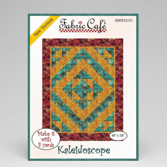 Kaleidoscope pattern book cover for a quilt with 'Fabric Cafe' branding.