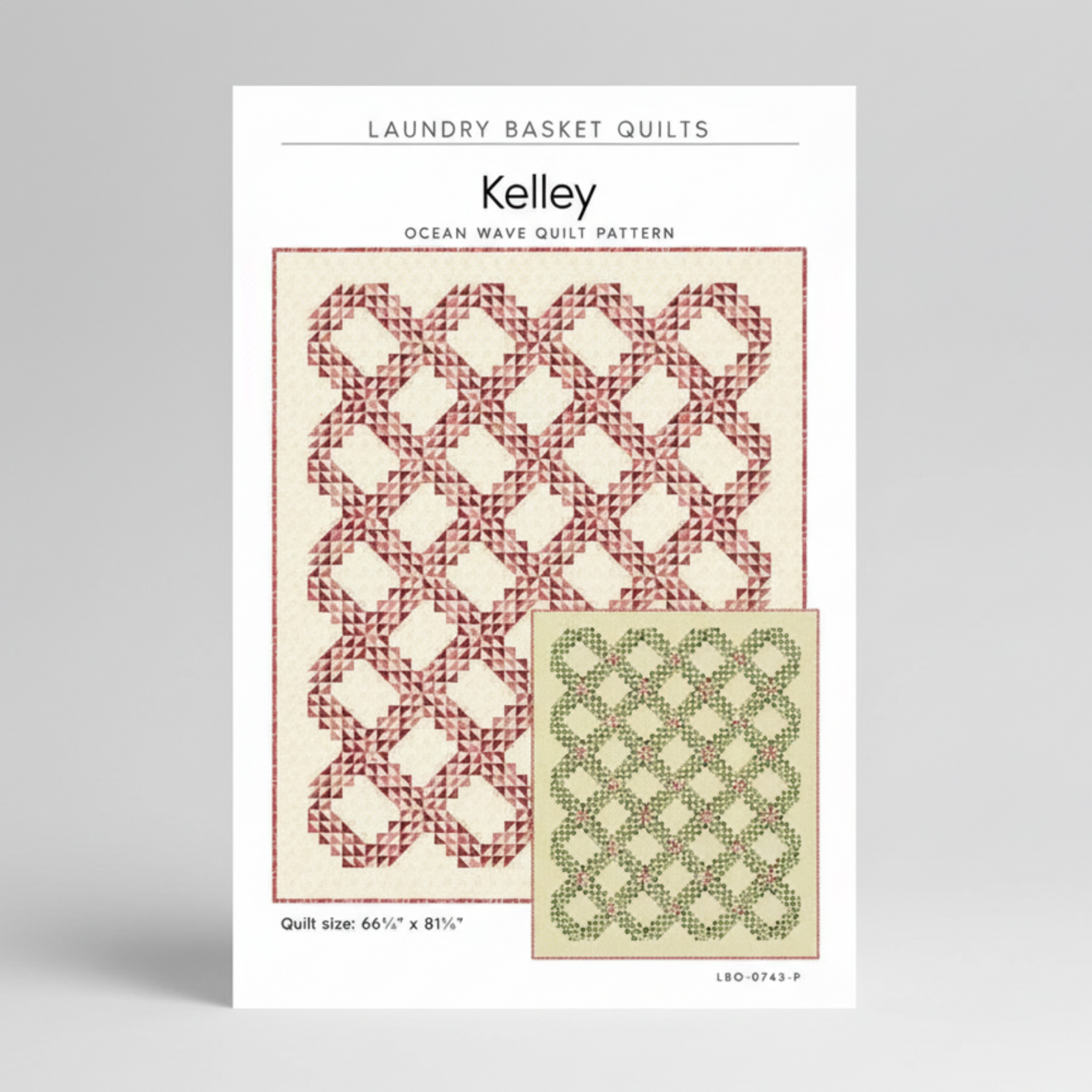 Quilt pattern design with 'Kelley' branding and ocean wave pattern on a white background