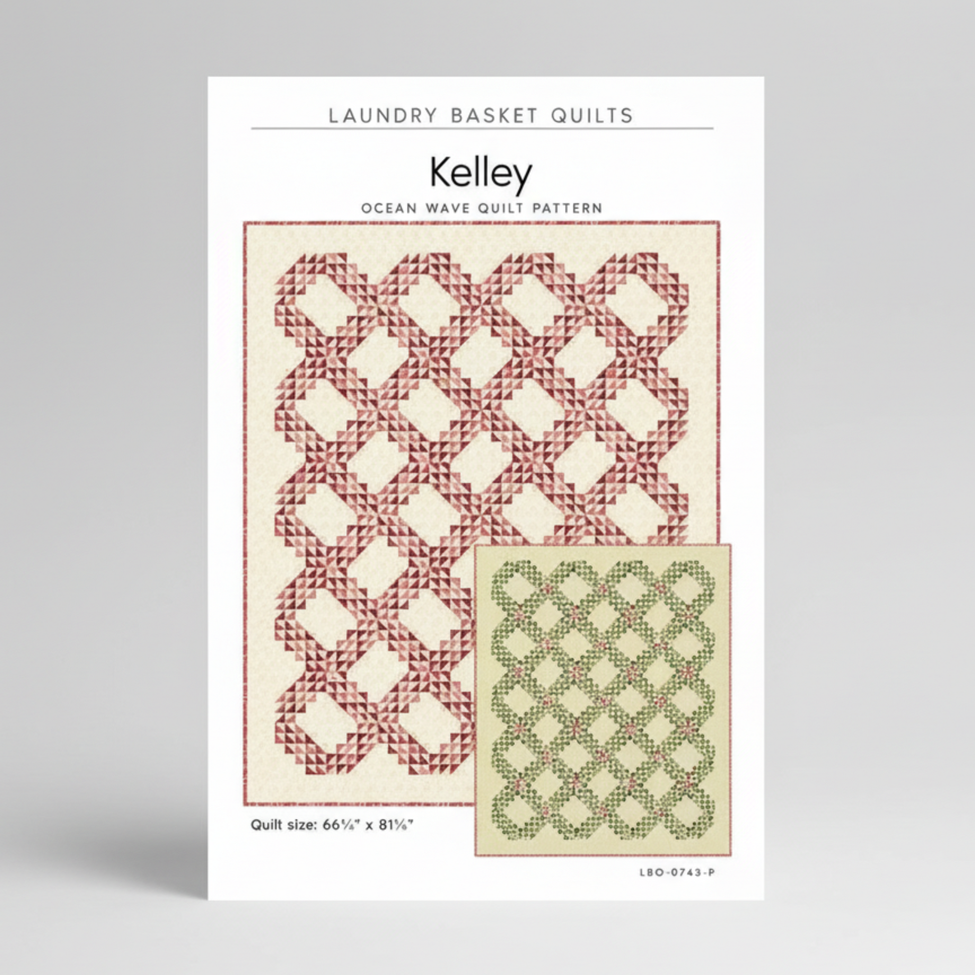 Quilt pattern design with 'Kelley' branding and ocean wave pattern on a white background