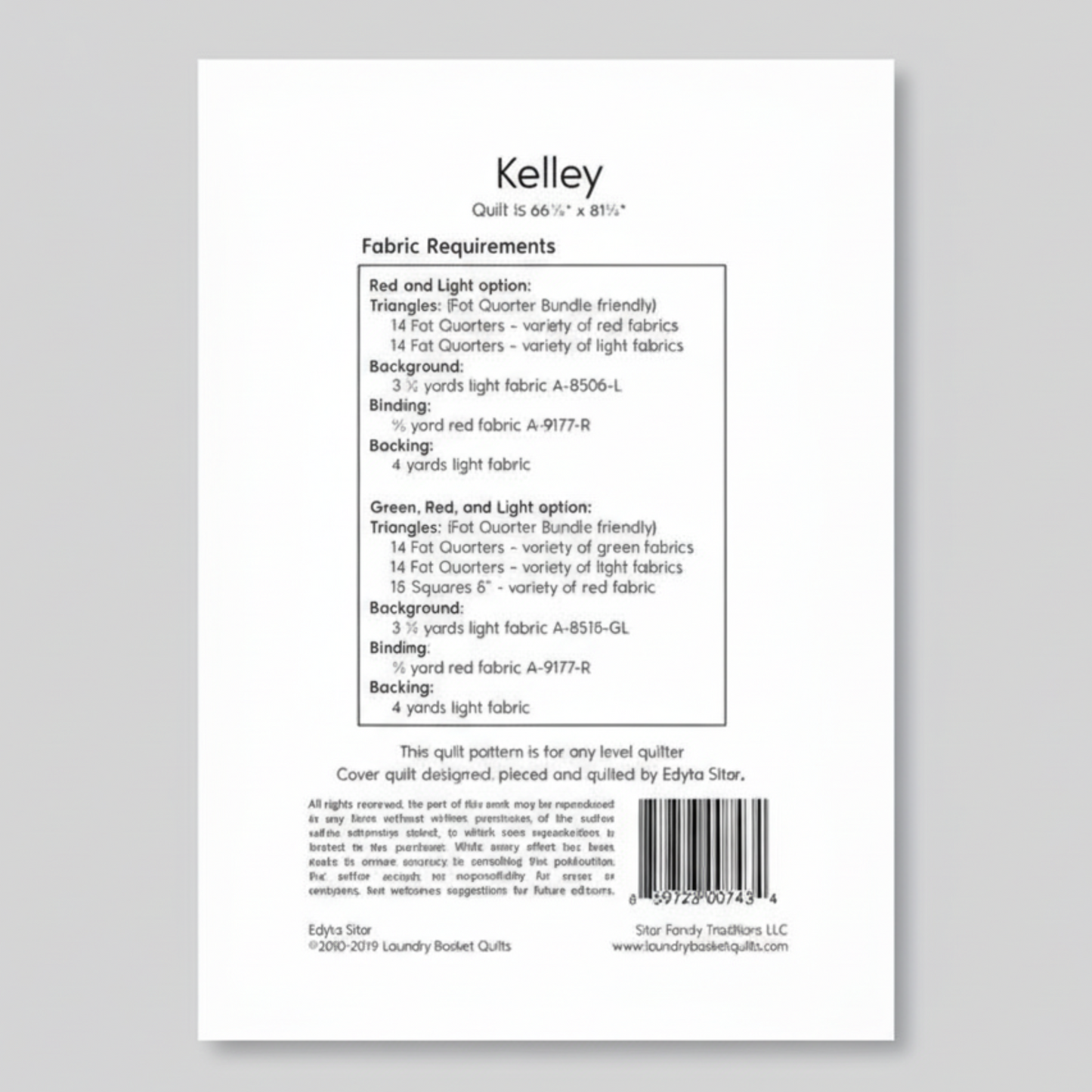 Fabric requirements label for a quilt pattern titled 'Kelley' with text and a barcode.