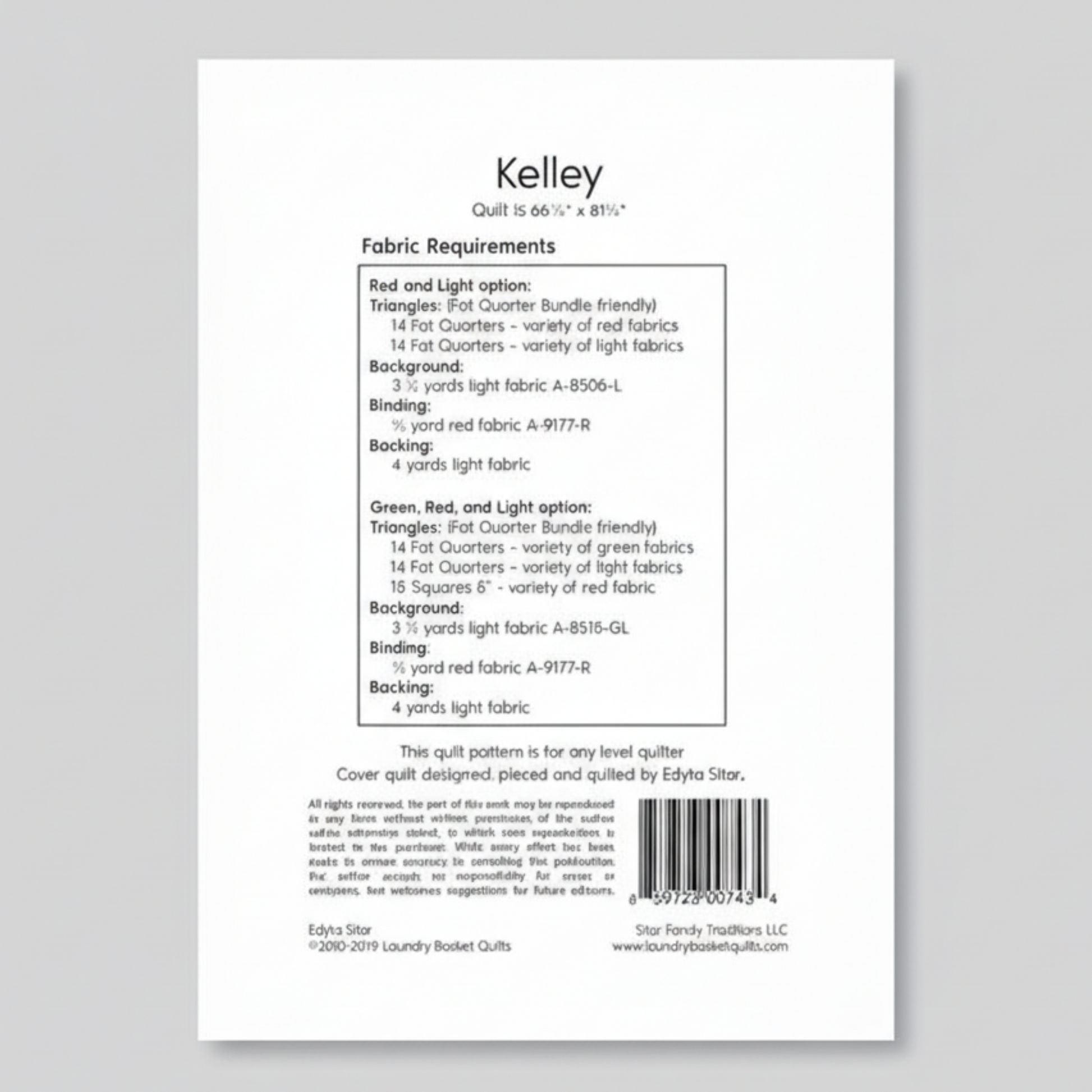 Fabric requirements label for a quilt pattern titled 'Kelley' with text and a barcode.