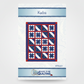 Quilt pattern packaging with blue and red star design on a white background