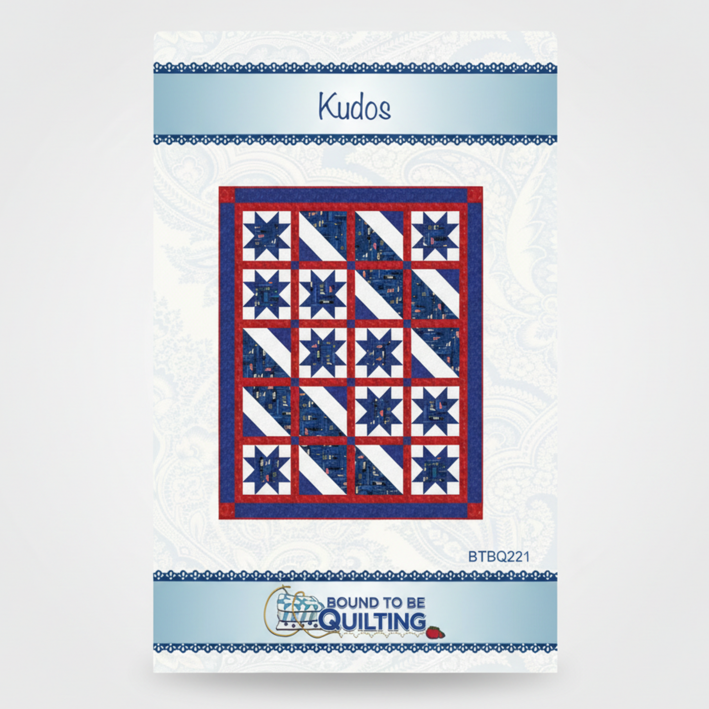 Quilt pattern packaging with blue and red star design on a white background