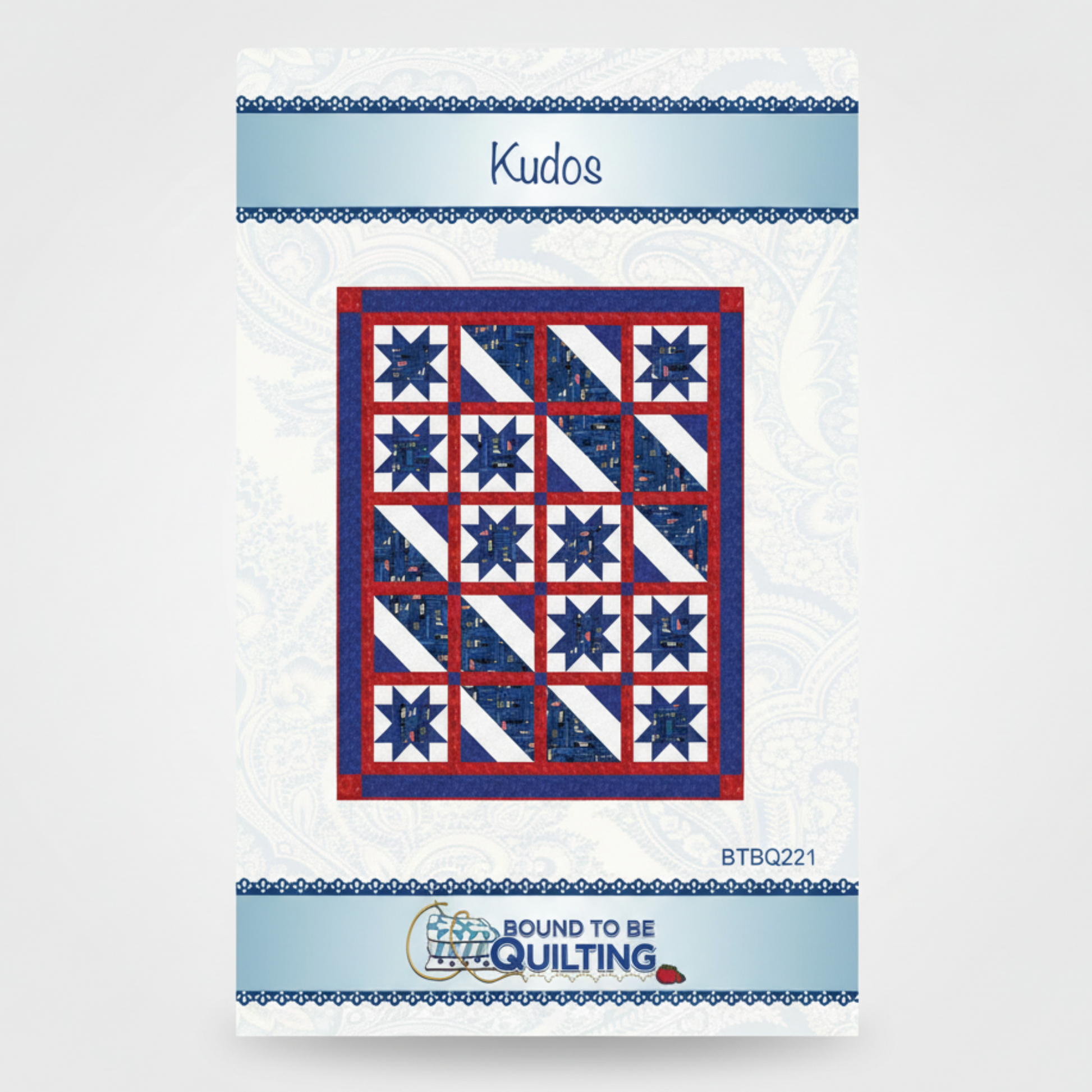 Quilt pattern packaging with blue and red star design on a white background