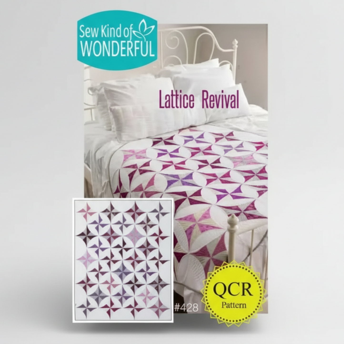 Quilt pattern book titled 'Lattice Revival' by Sew Kind of Wonderful on a bed with quilted bedding.