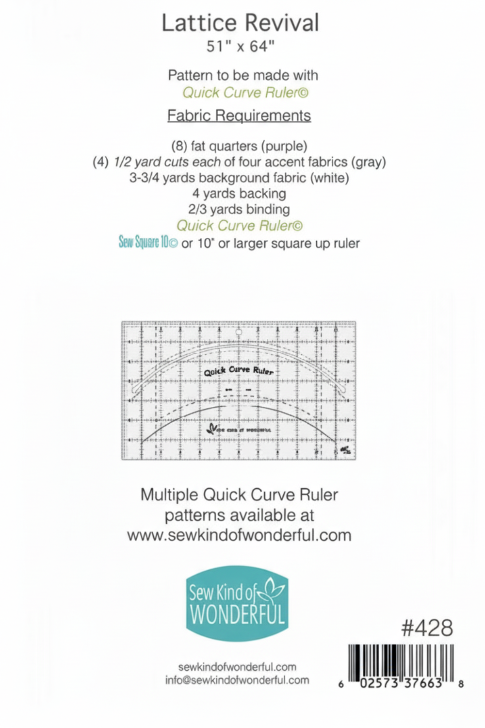 Fabric pattern guide with ruler illustration and Sew Kind of Wonderful branding